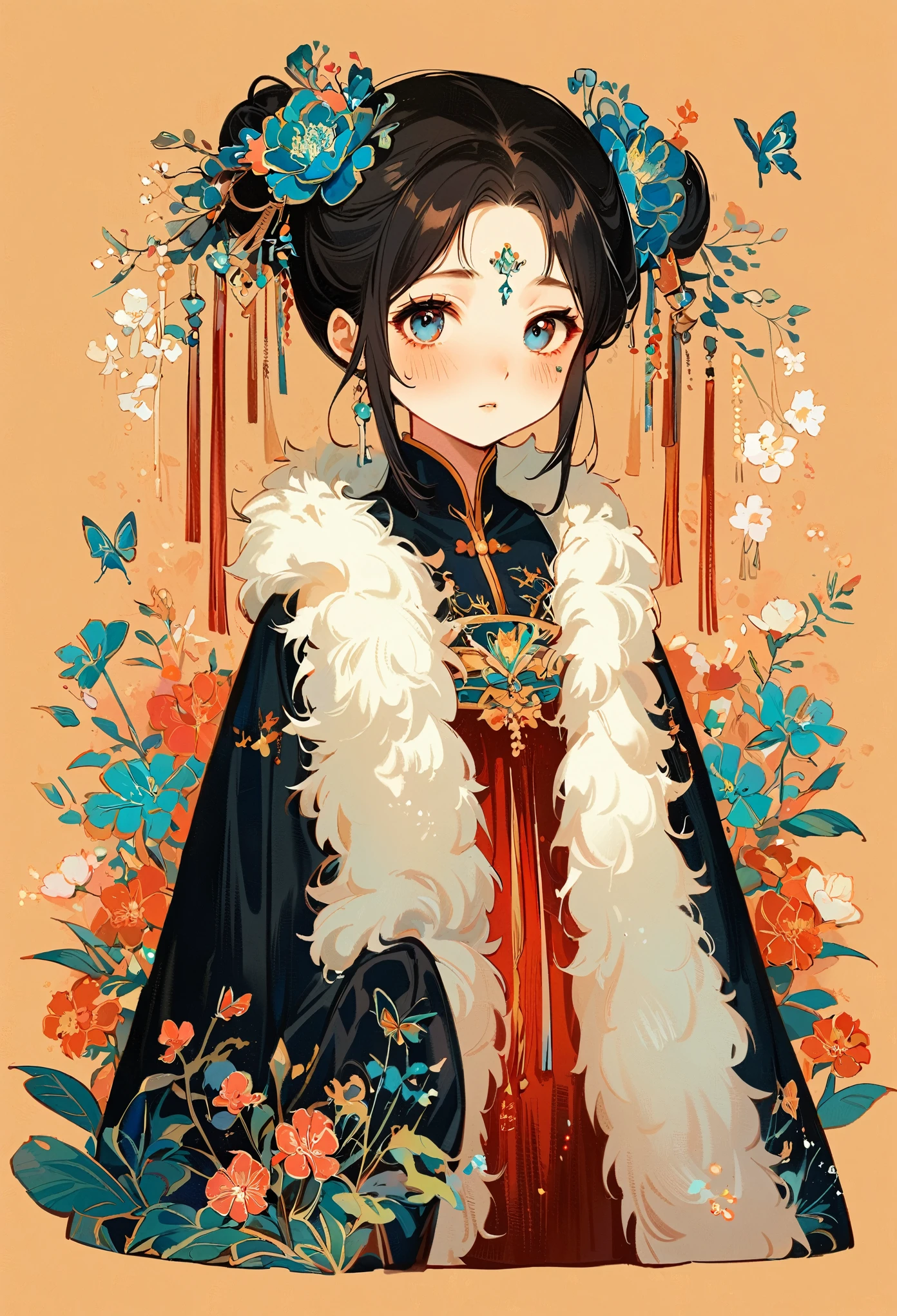1 sister, Solitary, looking at the audience, Blushed, background, black hair color, Hair accessories, Long sleeve, 白色background, eternal, Full body female, Flowers in bloom, purple, Flowering, OK, Butterfly, masterpiece, Recent quality, 最OK细节, Clear facial features, beautiful eyes