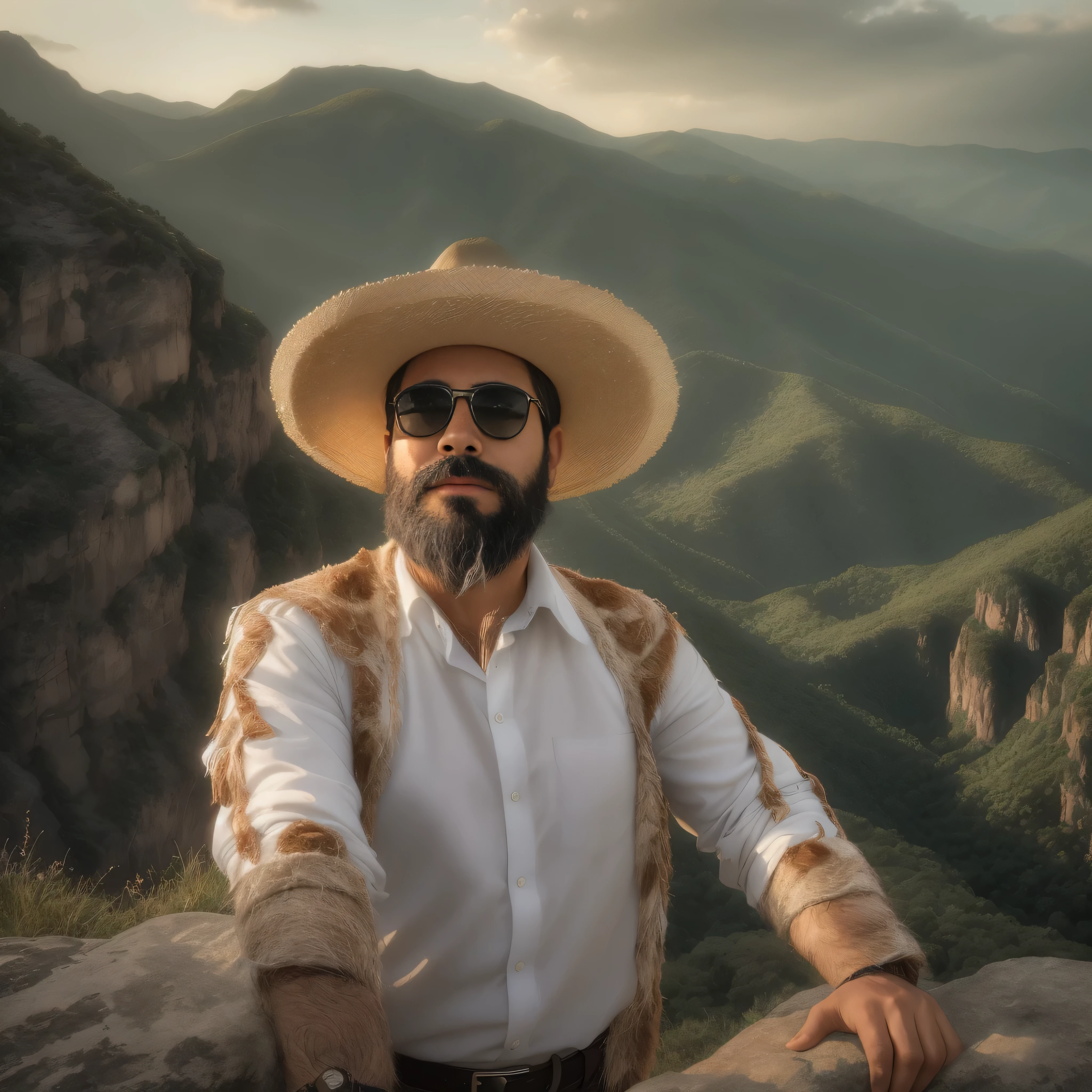 {
"prompt": "A 38-year-old man with a beard and wearing dark sunglasses. He is dressed in traditional Mexican clothing, which includes a white guayabera shirt with intricate embroidery and a sombrero. The background features the stunning natural beauty of Mexico, with a view of the majestic Copper Canyon at sunrise, highlighting the rugged cliffs and deep valleys. The image focuses on the upper body in a medium shot, emphasizing realism and high quality."
}