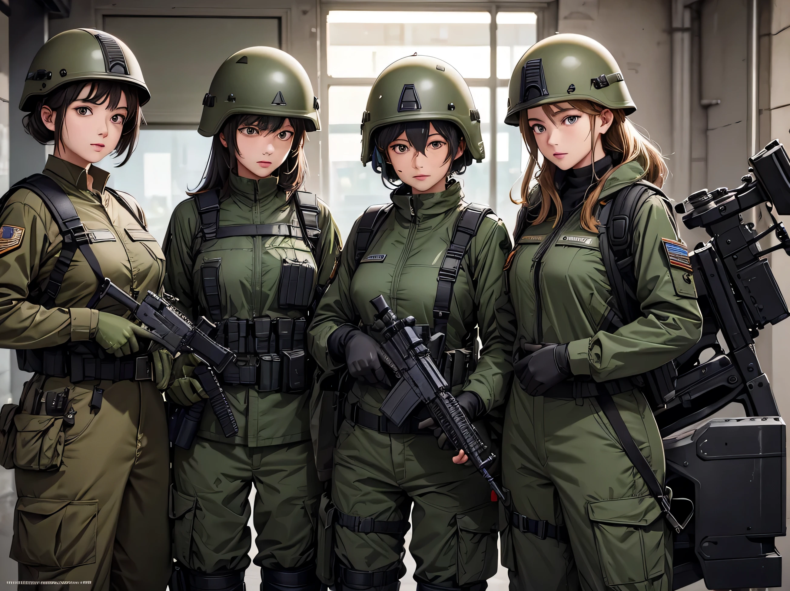 Three female soldiers in helmets of special forces，Dark green M51 military uniform、Military Pants、Magazine Pouch、Tactical harness、Military rifle in hand，Elbow pads，Knee pads，Three people side by side，See the thighs，patrol，base，Write details、masterpiece、best quality、Highly detailed CG、8K picture quality、theater lighting、lens flare，All wear helmets，All belts。