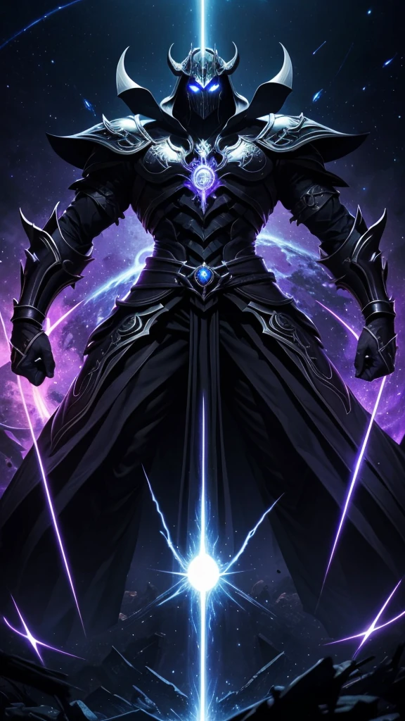 Umbros, wearing shadowy armor intertwined with lines of cosmic energy, has an imposing presence with glowing eyes that reflect the duality between merciless judgment and a dark quest for universal balance in bleach style