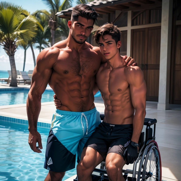 Homem cadeira, He is paraplegic so he needs to use a wheelchair, He's muscular, well defined muscles, he's brunette, latino, masculine, is in swim trunks, noticeable bulge in underwear, ambiente academia, tem um cabelo curto, foto de alta qualidade, High definition, hiper realista, full body shoot
