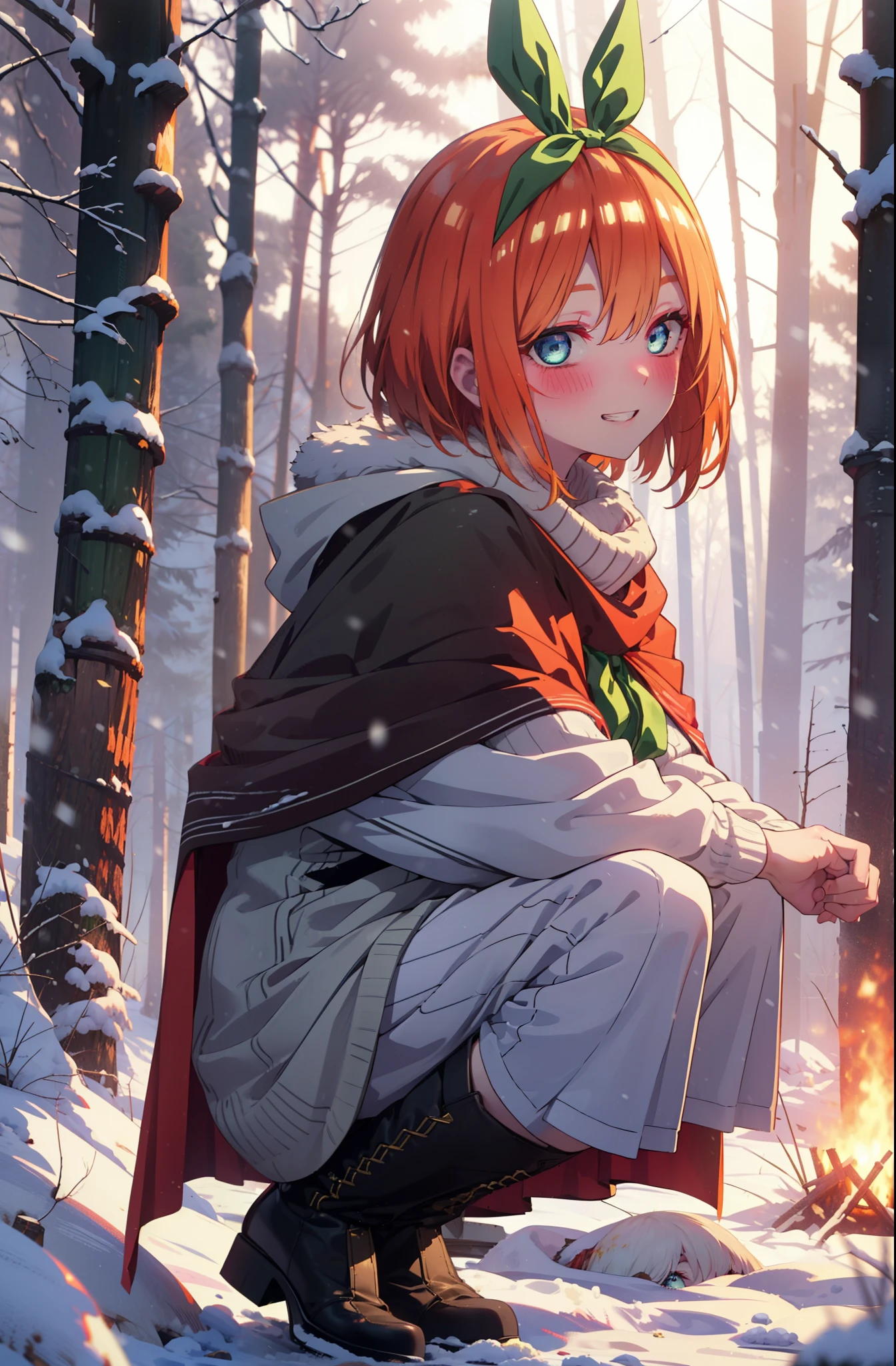 yotsubanakano, yotsuba nakano, bangs, short hair, blue eyes, Hair between the eyes, Hair Ribbon, hair band, Orange Hair, (Green ribbon:1.5), smile, Grin,smile,blush,White Breath,
Open your mouth,snow,Ground bonfire, Outdoor, boots, snowing, From the side, wood, suitcase, Cape, Blurred, Increase your meals, forest, White handbag, nature,  Squat, Mouth closed, フードed Cape, winter, Written boundary depth, Black shoes, red Cape break looking at viewer, Upper Body, whole body, break Outdoor, forest, nature, break (masterpiece:1.2), highest quality, High resolution, unity 8k wallpaper, (shape:0.8), (Beautiful and beautiful eyes:1.6), Highly detailed face, Perfect lighting, Highly detailed CG, (Perfect hands, Perfect Anatomy),