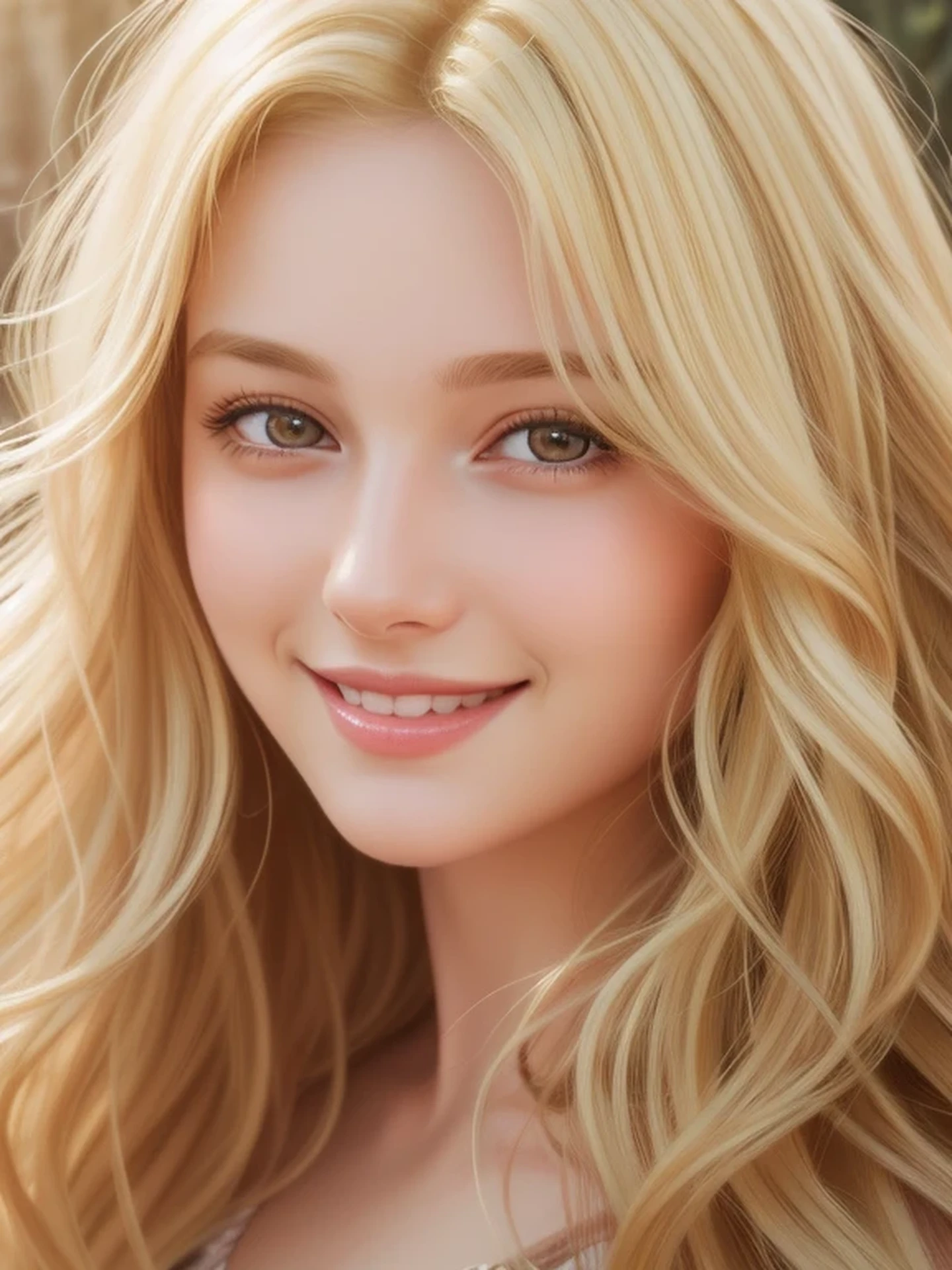 Close-up head, To the camera, Realistic digital painting of a woman portrait, Cute Smile, (Wavy Hair:1.1), (Blonde Hair:1.3), (Highly detailed skin:1.2), Mystical style, Global Illumination,