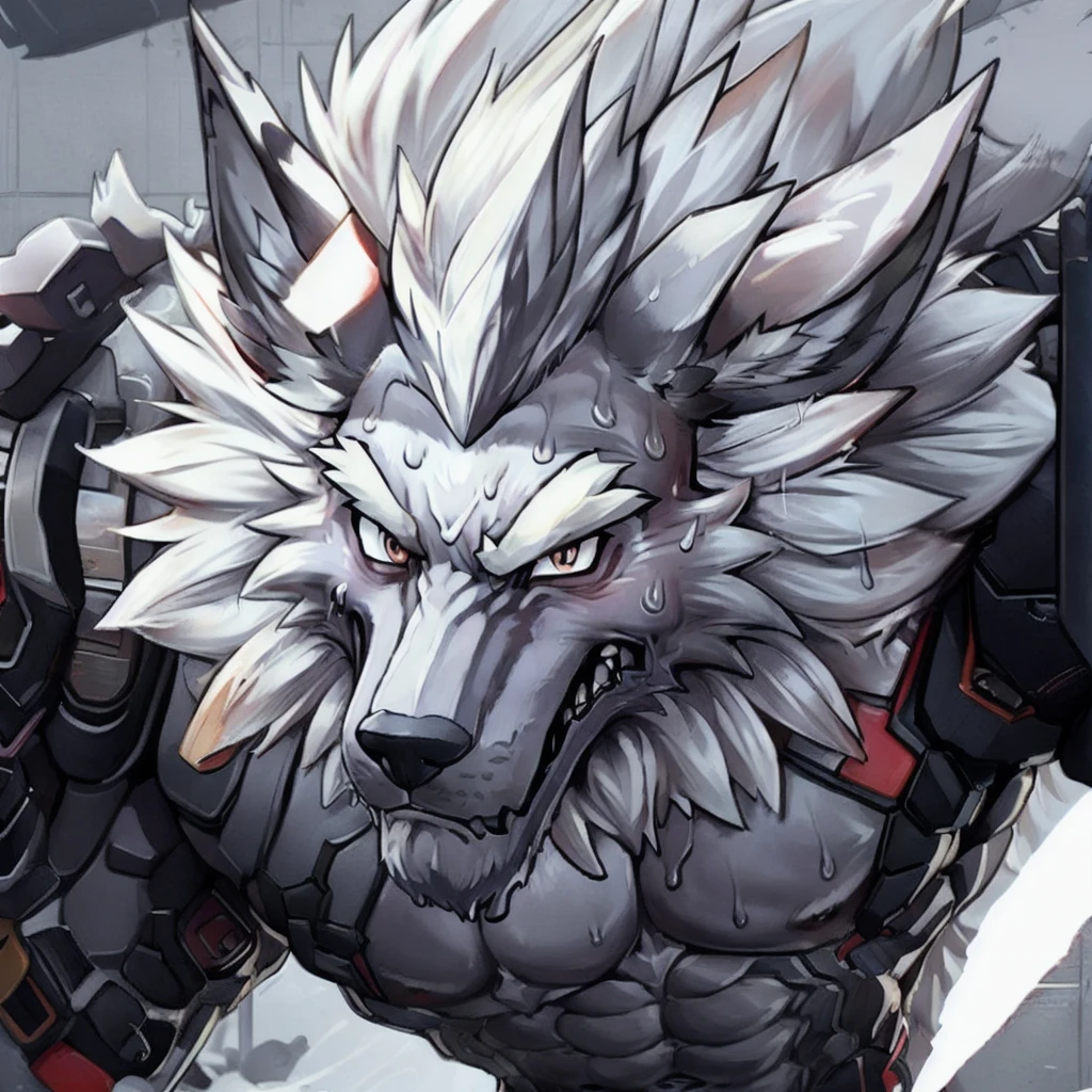 masterpiece,highest quality,One boy,alone,Muscular male,There is nothing there, Simple Background, 8K HD,Extremely detailed,Detailed Background,masterpiece,Muscular,Muscular anthro,(Sweat:1.4),Old age,View Viewer,(Ranshuu:1.3),Wolf Boy,Facial hair,Thick eyebrows,Gray body,Wolf Ears,Gray Hair,Long Hair,Wolf's tail,nail,by Lyndon,From null-ghost, Defeated, Injured, Tattered Costume, Lying face up