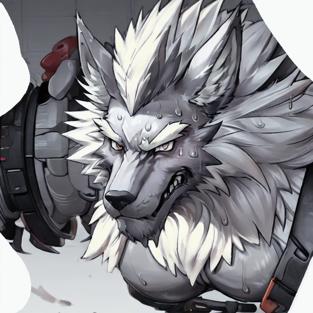 masterpiece,highest quality,One boy,alone,Muscular male,There is nothing there, Simple Background, 8K HD,Extremely detailed,Detailed Background,masterpiece,Muscular,Muscular anthro,(Sweat:1.4),Old age,View Viewer,(Ranshuu:1.3),Wolf Boy,Facial hair,Thick eyebrows,Gray body,Wolf Ears,Gray Hair,Long Hair,Wolf's tail,nail,by Lyndon,From null-ghost, Defeated, Injured, Tattered Costume, Lying face up