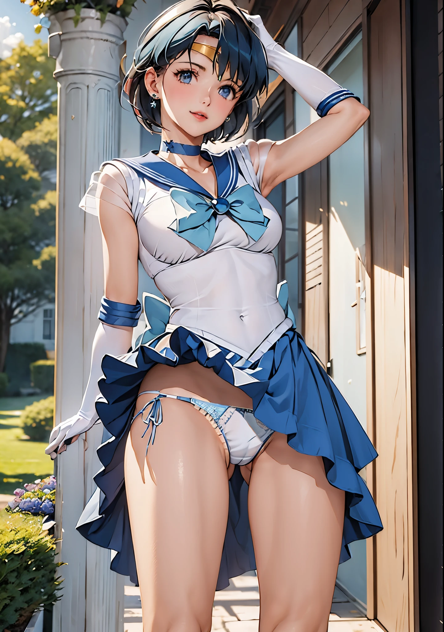 masterpiece, highest quality, High resolution, Realistic, Show more1, tiara, Sailor Warrior Uniform, Blue Skirt, Blue sailor collar, tiara, bow, Knee Boots, choker, White gloves, blue choker, elbow gloves, jewelry, Earrings, Pleated skirt, Cowboy Shot, Garden with lots of blue flowers on background, Arms above head, Angle from below, ((Showing panties:1.3))