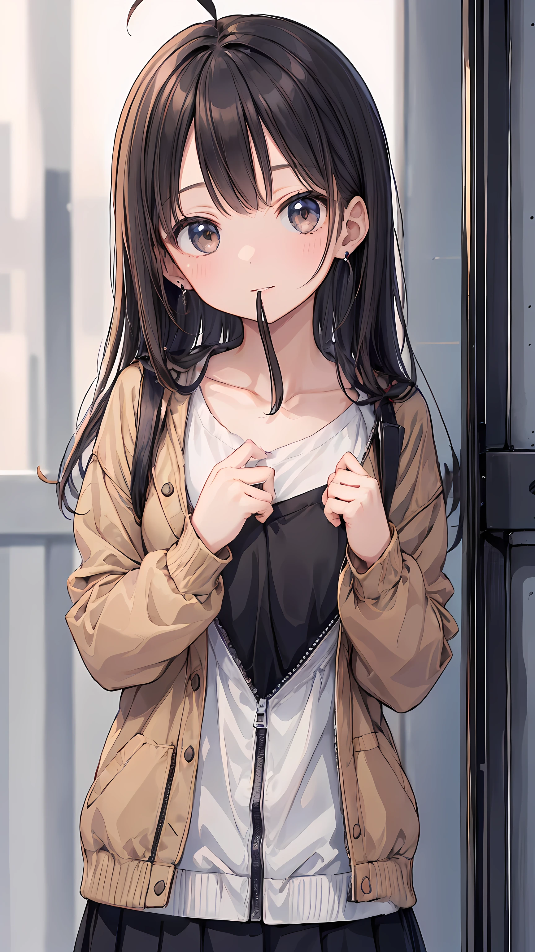 One girl, Ahoge, bangs, black skirt, black sweater, Blue Claws, Blurred, Blurred background, chest, Brown eyes, Brown Hair, brown Jacket, Mouth closed, Day included, Day, Depth of written boundary, Earrings, eyelash, Raise your hand, Tilt your head, Jacket, jewelry, Long Hair, Long sleeve, View Viewer, medium chest, Manicure, Open clothes, open Jacket, Outdoor, Pursed lips, Tucked in shirt, Side Lock, skirt, Sleeves are longer than the wrist, alone, sweater, Upper Body, zipper, smile, ((masterpiece)), 