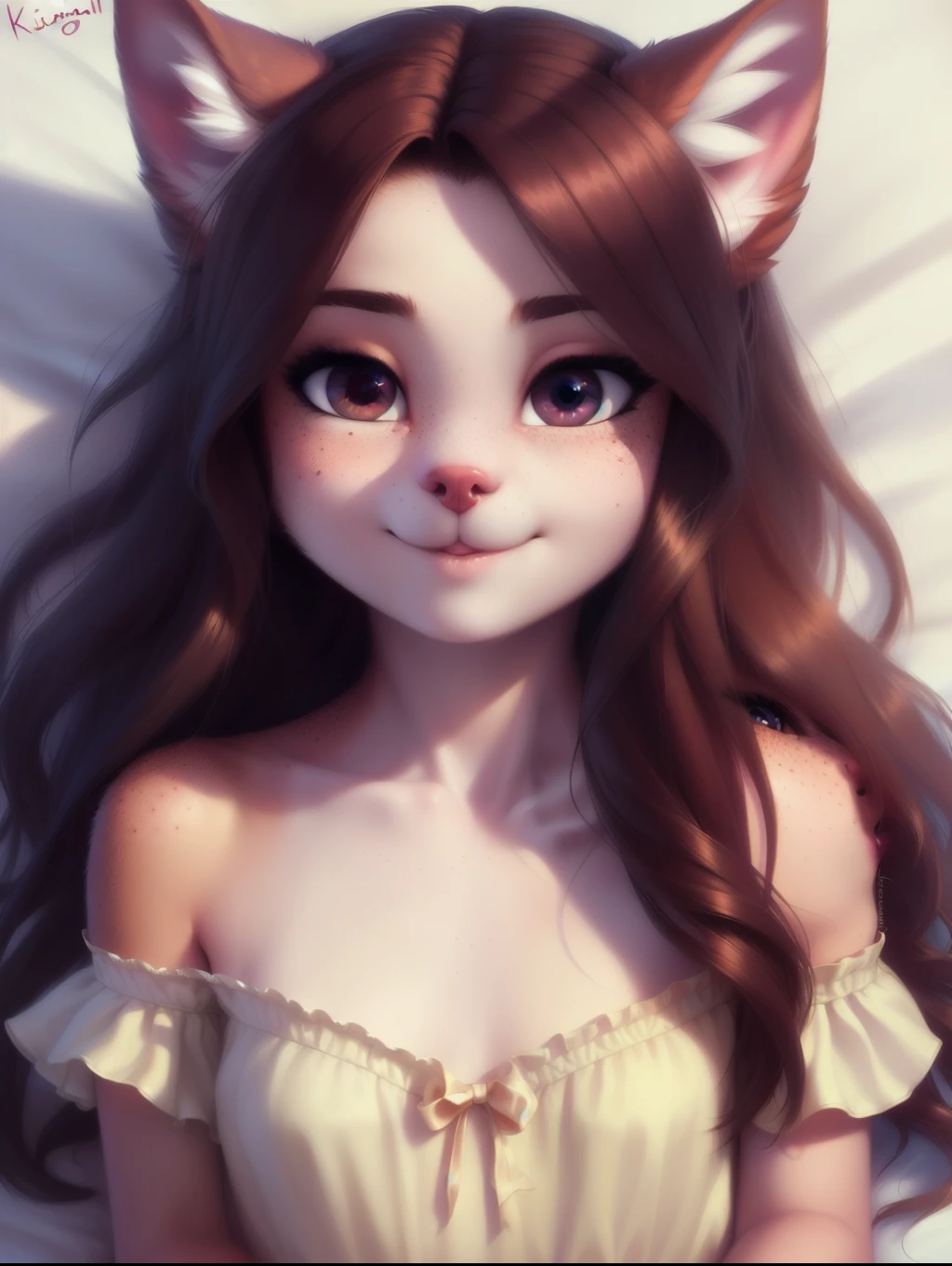 (score_9),beautiful and detailed full body portrait1:2 , ((young 10 year old anthro dog)), anatomically correct, Schlank, Hochgeladen E621, detailed flauschige fur, (von Fluff-Kevlar, Iskra, personalami, Pino Daeni), 1girl, off shoulder dress, adorable, bedroll, missionary position, 1girl, realistic, ultra sharp image, view from above, (solo), highly detailed, first person view, masterpiece, lying on her back, realistic hair, flat chest, dark hair, perfect eyes, absurd resolution, freckles , (kissy face), (Kissing mouth), first kiss, very young girl, sharp focus, blissful look,