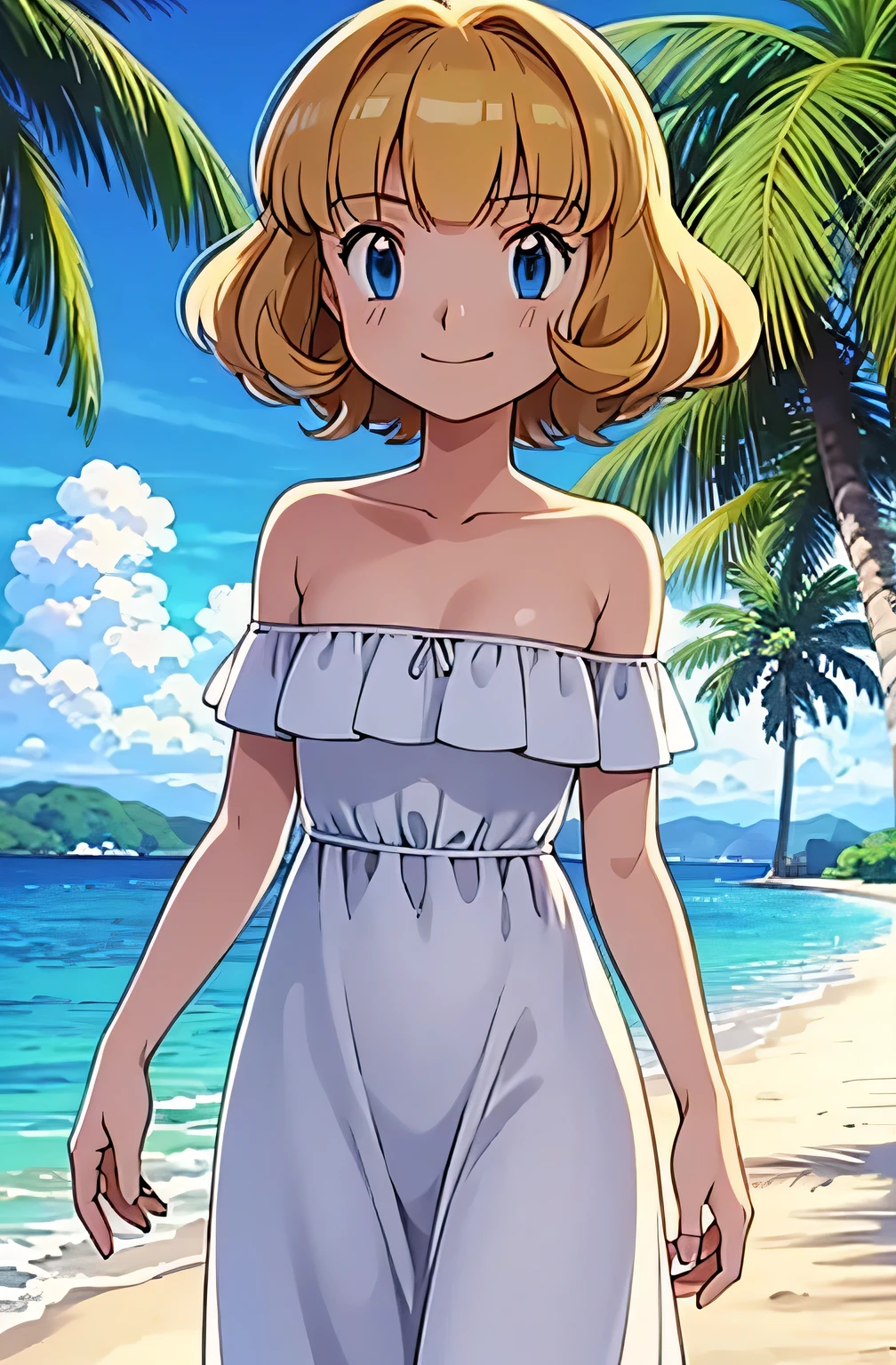 pokemovies, sugimori ken, ken sugimori ken \(style\), anime screencap, masterpiece, best quality, highres, outdoors, small breasts, 1 girl, Solo, Blue Eyes, Beautiful Detail Eyes, Blonde Medium Hair, Short Hair, Bangs, Good hands are down, Smile, Blushing, Bare Neck, Bare Shoulders, strapless, White Ruffle Off-the-Shoulder maxi dress. Cowboy shot. A landscape of the beach, sea, blue skies, clouds, sand beach. In the center. Standing on the beach. Palm trees, looking at viewers