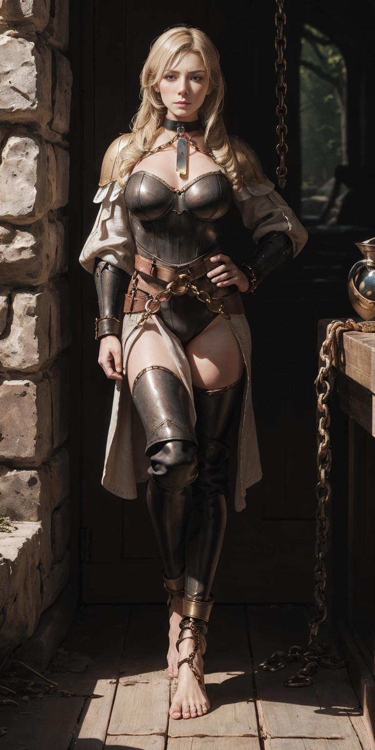 (Forest:Face:LORA)(Curly Blonde Long Hair) full body, barefoot, solo, female, big breast, linen tunic, fantasy village, armor, Handcuffs on their hands with a collar around the neck, hands on hips, slave ((black choker, shackles on legs and arms))