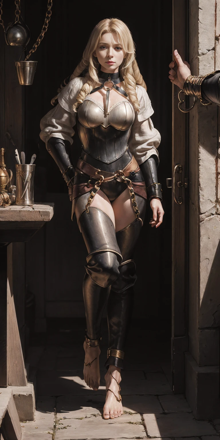 (Forest:Face:LORA)(Curly Blonde Long Hair) full body, barefoot, solo, female, big breast, linen tunic, fantasy village, armor, Handcuffs on their hands with a collar around the neck, hands on hips, slave ((black choker, shackles on legs and arms))