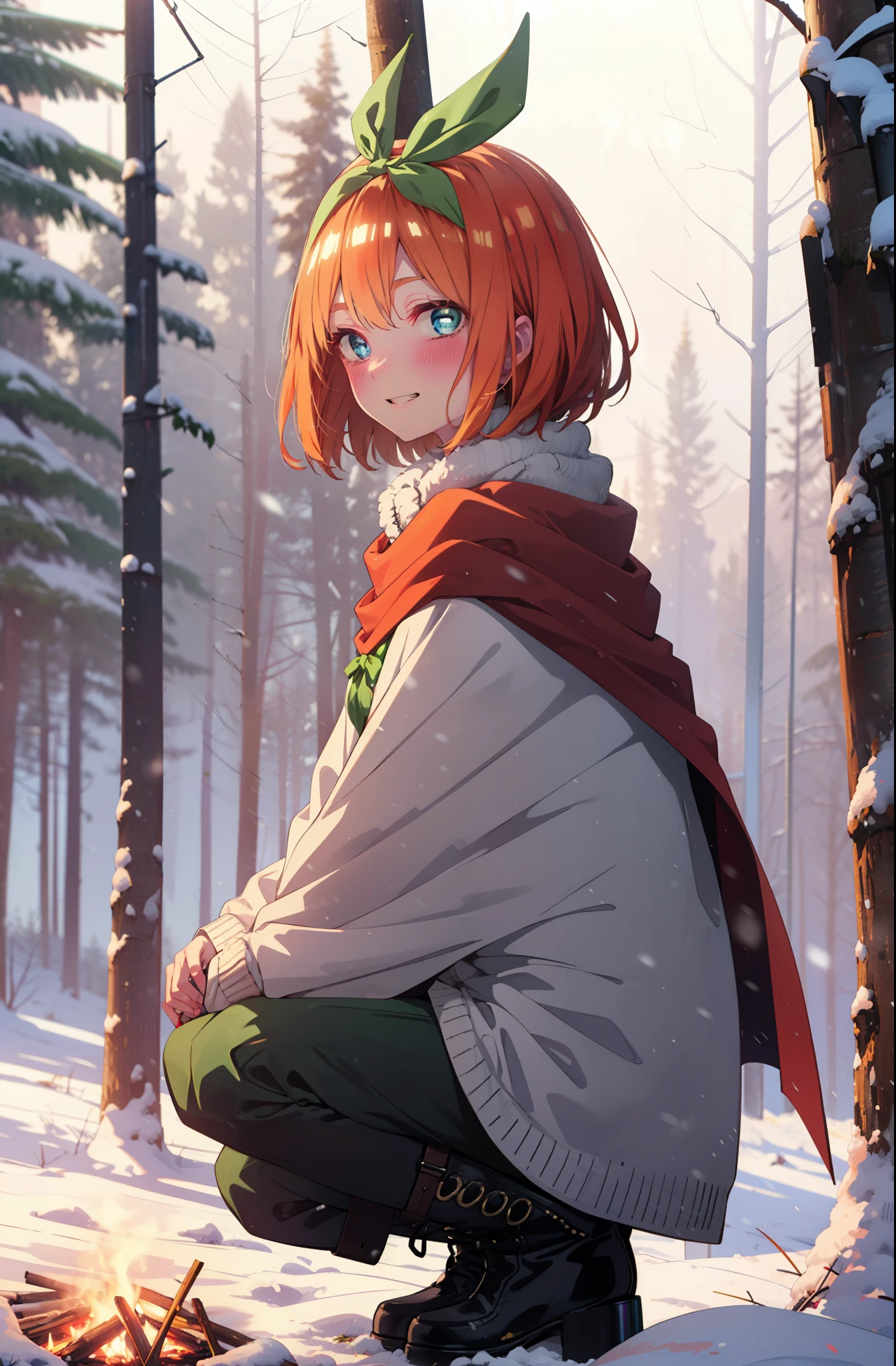yotsubanakano, yotsuba nakano, bangs, short hair, blue eyes, Hair between the eyes, Hair Ribbon, hair band, Orange Hair, (Green ribbon:1.5), smile, Grin,smile,blush,White Breath,
Open your mouth,snow,Ground bonfire, Outdoor, boots, snowing, From the side, wood, suitcase, Cape, Blurred, Increase your meals, forest, White handbag, nature,  Squat, Mouth closed, フードed Cape, winter, Written boundary depth, Black shoes, red Cape break looking at viewer, Upper Body, whole body, break Outdoor, forest, nature, break (masterpiece:1.2), highest quality, High resolution, unity 8k wallpaper, (shape:0.8), (Beautiful and beautiful eyes:1.6), Highly detailed face, Perfect lighting, Highly detailed CG, (Perfect hands, Perfect ???????),