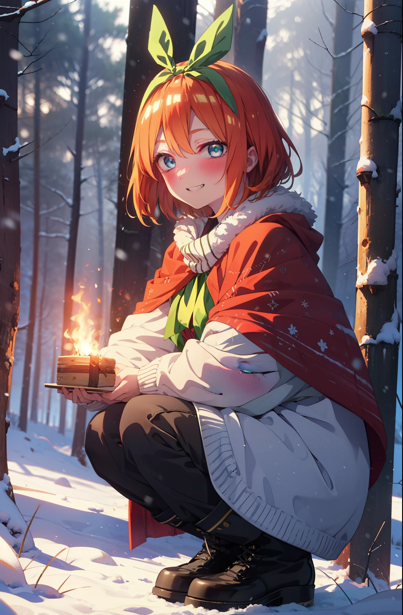 yotsubanakano, yotsuba nakano, bangs, short hair, blue eyes, Hair between the eyes, Hair Ribbon, hair band, Orange Hair, (Green ribbon:1.5), smile, Grin,smile,blush,White Breath,
Open your mouth,snow,Ground bonfire, Outdoor, boots, snowing, From the side, wood, suitcase, Cape, Blurred, Increase your meals, forest, White handbag, nature,  Squat, Mouth closed, フードed Cape, winter, Written boundary depth, Black shoes, red Cape break looking at viewer, Upper Body, whole body, break Outdoor, forest, nature, break (masterpiece:1.2), highest quality, High resolution, unity 8k wallpaper, (shape:0.8), (Beautiful and beautiful eyes:1.6), Highly detailed face, Perfect lighting, Highly detailed CG, (Perfect hands, Perfect Anatomy),