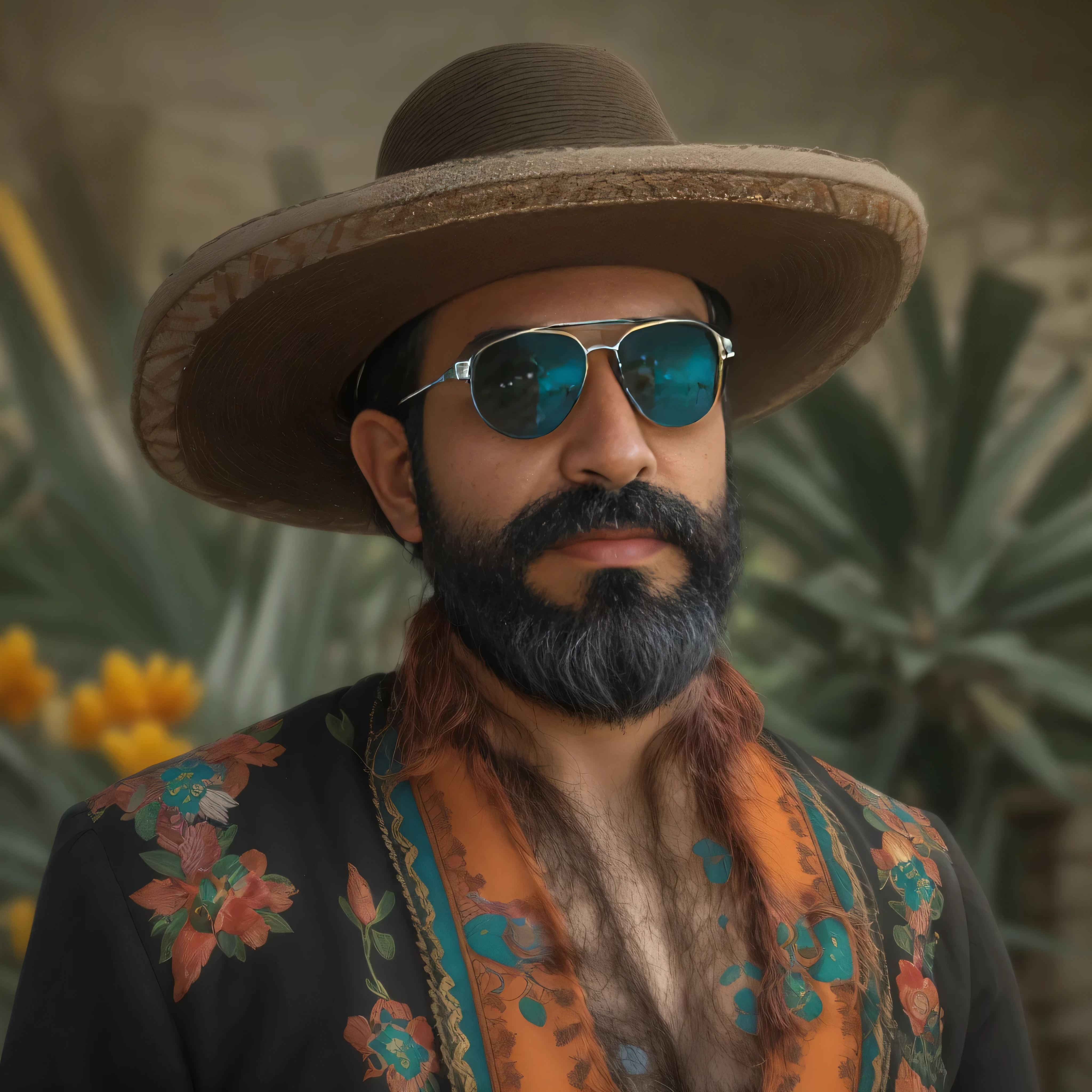 {
"prompt": "A 38-year-old man with a beard and wearing dark sunglasses. He is dressed in traditional Mexican attire, including a charro suit with silver embellishments and a wide-brimmed sombrero. The background showcases the natural beauty of Mexico, featuring the vibrant colors and exotic plants of Xochimilco with its serene canals and traditional trajineras. The image focuses on the upper body in a medium shot, ensuring high realism and quality."
}