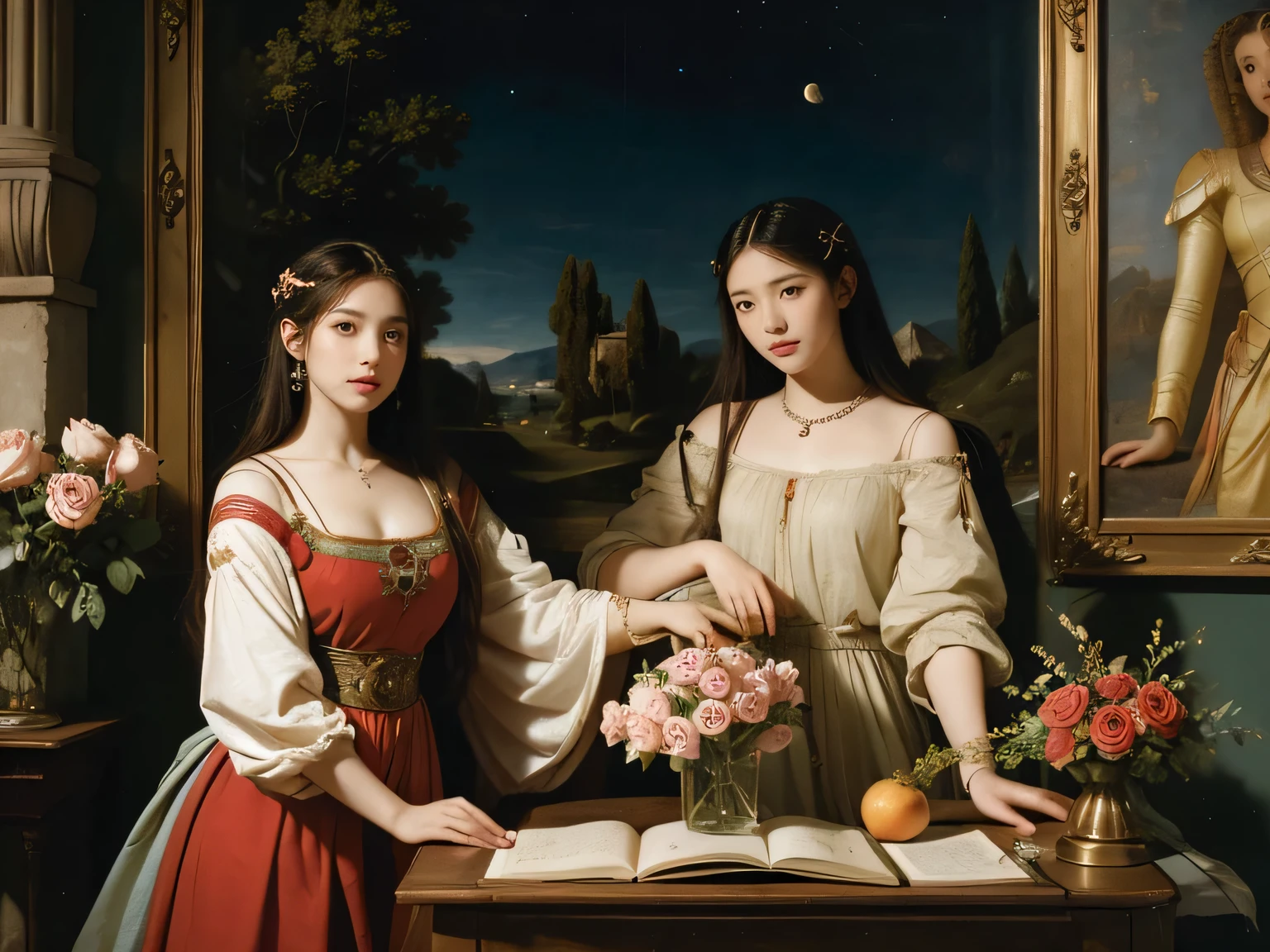 Giorgione painting style,Arguments of two female Philosophe,math、astronomical machine、astronaut、roses in vase、fruits、Cute trinkets、smile、ancient greek costume、Background is a forest lake at night 、Clothes that stretch your shou