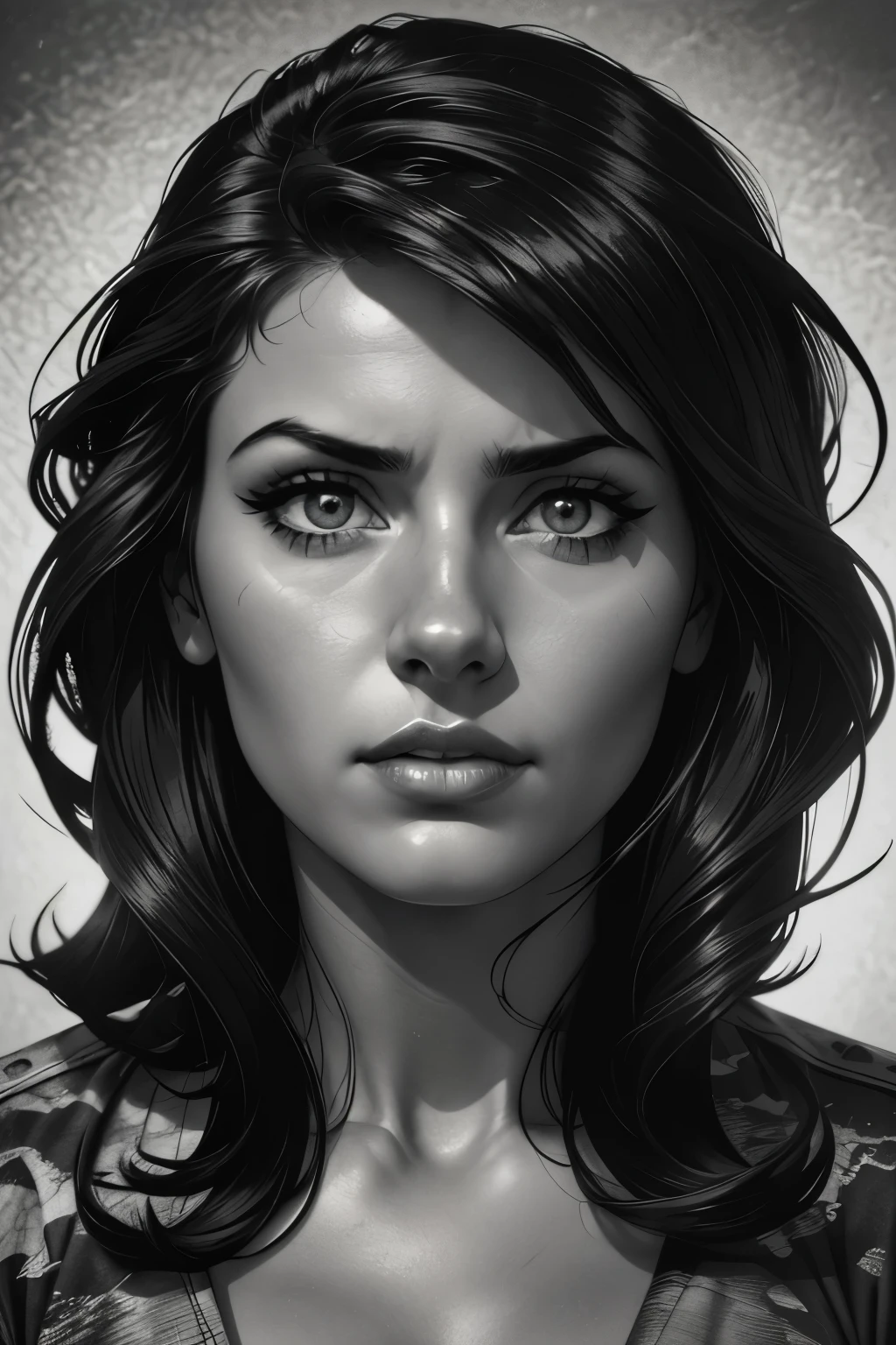 A girl in a mugshot, sketch, black and white, detailed features, cute, vintage style, high contrast lighting, expressive eyes, tousled hair. (best quality, highres, realistic:1.37), vintage, monochrome, intense gaze, dramatic lighting, rugged background, distressed paper texture, retro vibes, id photo, front view