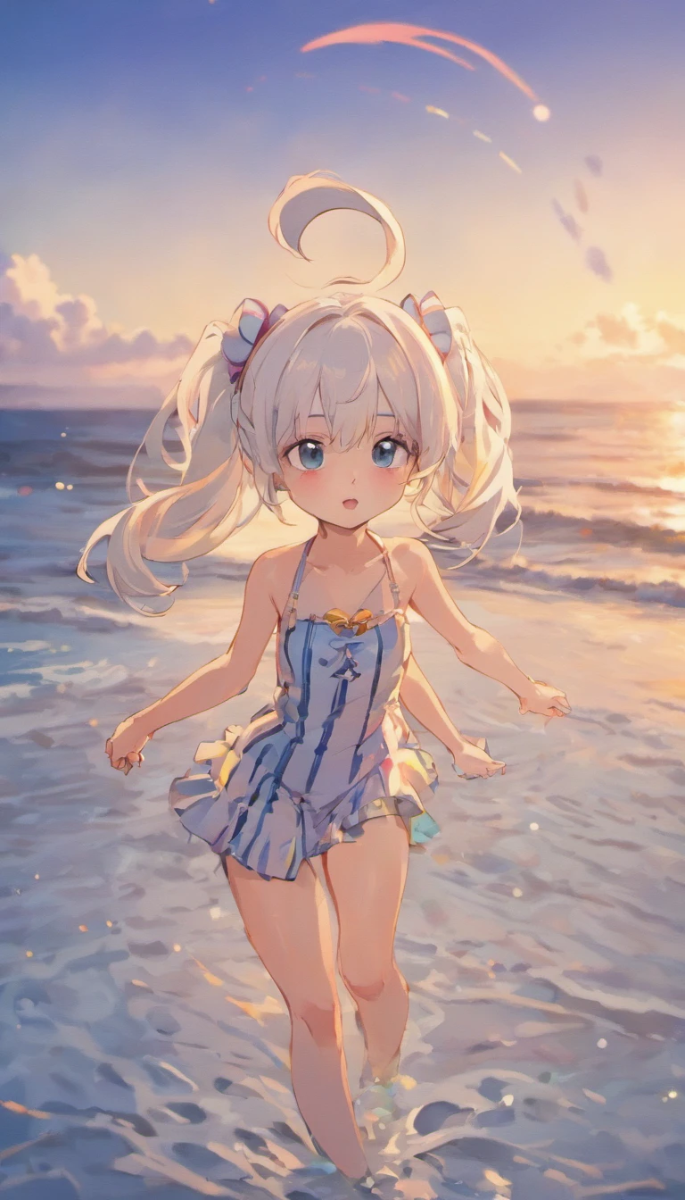 A 10-year-old cute loli，White hair，Double ponytail hairstyle，Height 1.40cm，Wearing a blue and white striped bikini with very little fabric，Walking on the beach，The sky is sunset red，Disgusted expression，4k，Ultra high quality，Bunny Girl