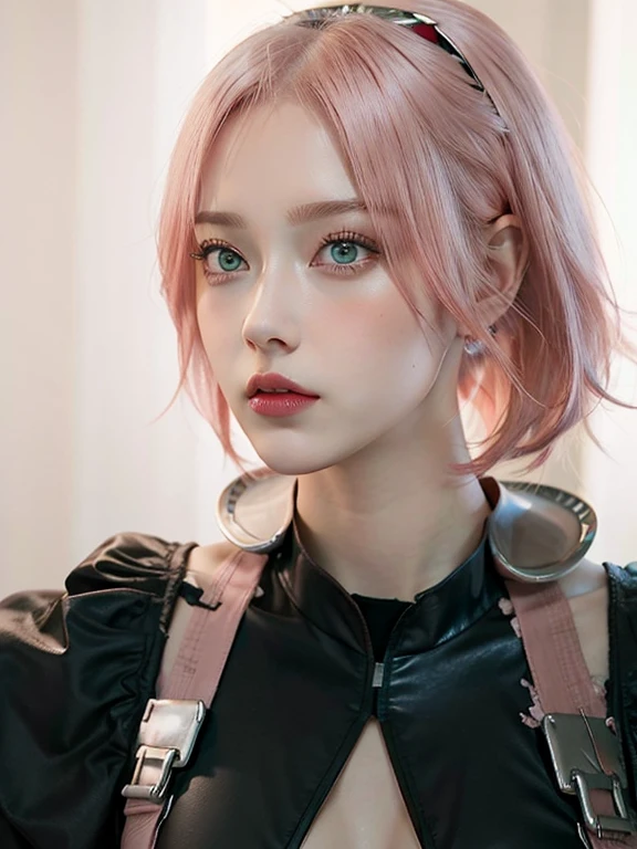 young woman, short shoulder-length pink hair, wide forehead, porcelain skin, pink eyebrows, big emerald green eyes, buttoned nose, full lips, heart-shaped face, slender body, small breasts, red tank top, Sakura Haruno , realistic, realism, details, 3d, well detailed