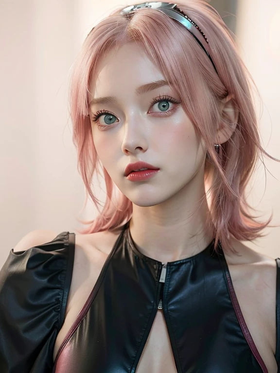 young woman, short shoulder-length pink hair, wide forehead, porcelain skin, pink eyebrows, big emerald green eyes, buttoned nose, full lips, heart-shaped face, slender body, small breasts, red tank top, Sakura Haruno , realistic, realism, details, 3d, well detailed