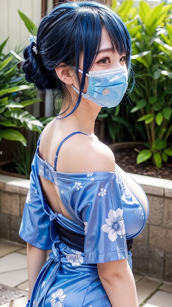 AIBeauty、Prompto in blue yukata、Erotic、naked、Blue hairstyle、Looking back beauty pool、field、Big Breasts、Real Beauty、Face masks