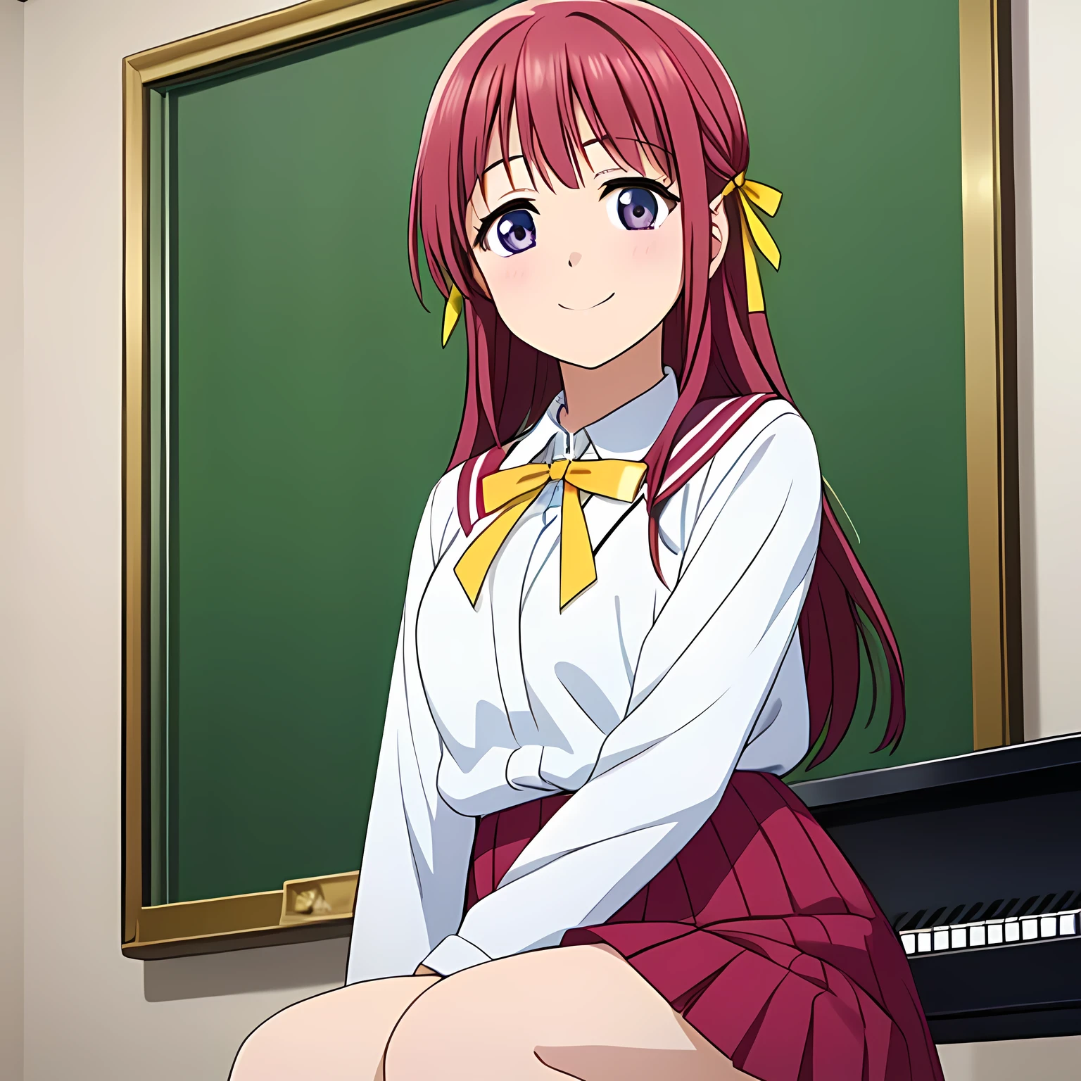 (highest quality, masterpiece:1.2), highest quality, High resolution, 1080p, 8K, Beautiful girl game CG, Height: 158cm, １４A -old Japanese fashion model is sitting in a music room and smiling with a cute and elegant smile, heroine, As elegant as a princess, Even bangs, Double, Feeling embarrassed, Very large, thick yellow ribbon bowtie, Beautiful, shiny red long hair, A neat red pleated skirt that reaches down to the knees, Pink sailor suit, A light pink neat blouse, Ribbon in hair, School music room with piano, Thick calves, Tight waist