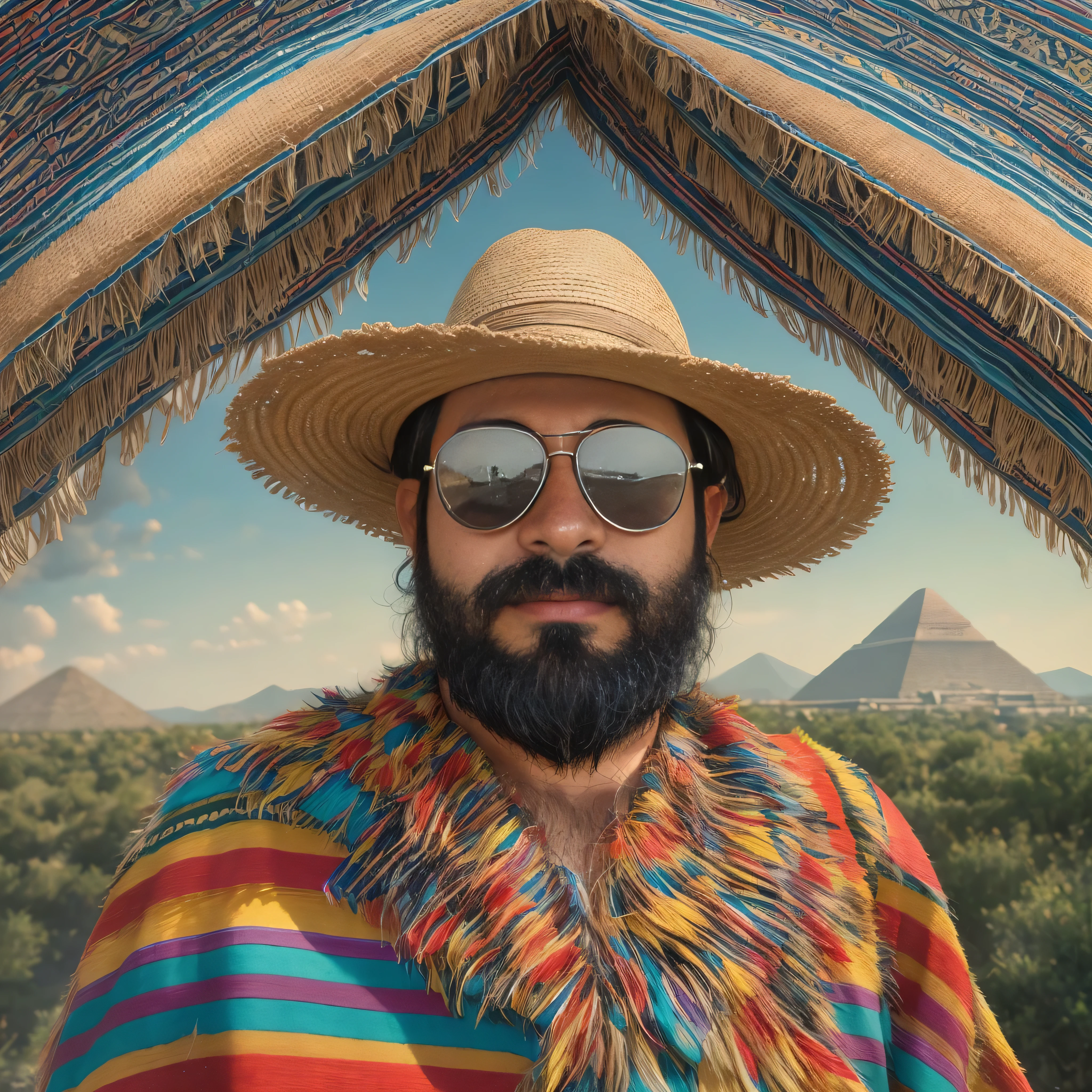 {
"prompt": "A 38-year-old man with a beard and wearing dark sunglasses. He is dressed in traditional Mexican clothing, consisting of a colorful serape draped over his shoulders and a straw hat. The background features the natural beauty of Mexico, with the iconic pyramids of Teotihuacan set against a clear blue sky. The image focuses on the upper body in a medium shot, emphasizing high realism and quality."
}