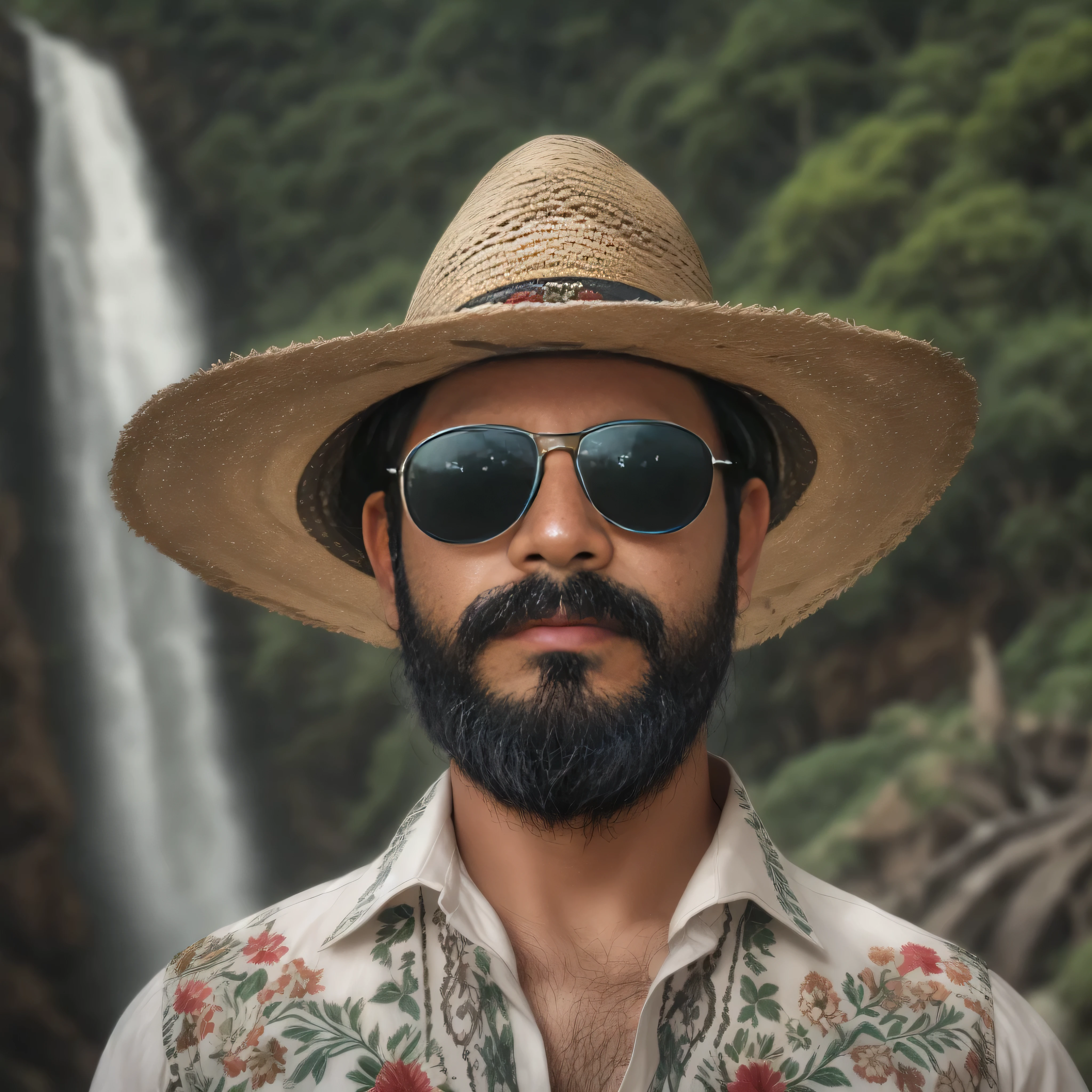 {
"prompt": "A 38-year-old man with a beard and wearing dark sunglasses. He is dressed in traditional Mexican clothing, featuring a white embroidered shirt known as a huipil and a woven straw hat. The background showcases the natural beauty of Mexico, with the lush, green landscape and towering waterfalls of Huasteca Potosina. The image focuses on the upper body in a medium shot, emphasizing high realism and quality."
}