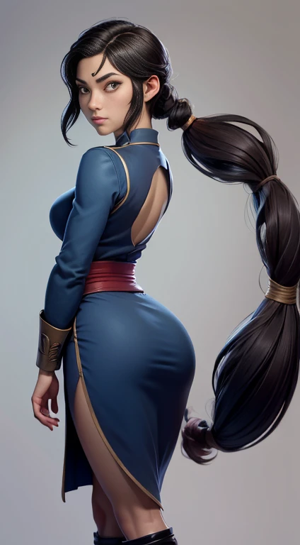 ((TOTALLY ALONE)), Korra (Avatar The Last Airbender), (always repeats the same face), (always repeats the same appearance), (always repeats the same proportions), (always repeats the same clothes), looking to the camera, completely alone, always shown full body, ogastigo face, acting charming, naughty, charming, sexy short dress with fine lace, diagonal rear view, ass view, round ass, huge ass