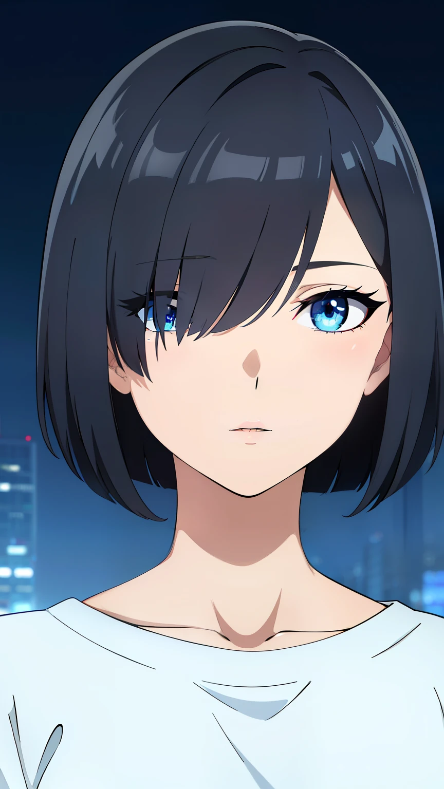 (best quality:1.5, highres, UHD, 4K, detailed lighting, shaders), black hair, bob cut, (hair covering one eye), cool woman, cool girl, Slender Eyes,, blue eyes, beautiful, night background, casual clothes