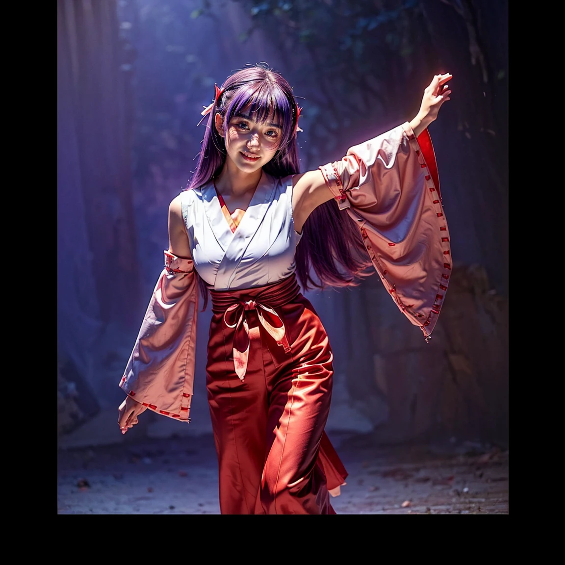 ultra-detailed, Explicit, Beautiful body, Beautiful Nose, Beautiful character design, perfect eyes, perfect face, ultra highres, 4K, beautiful legs, perfect legs, Nice hands, Perfect hand, Masterpiece, Best Quality, Highly detailed, illustration, absurdres, perfect anatomy, expression of joy, glowing eyes, looking at viewer, mystic aura, female priestess, full body, goddess-like, happy trance, perfect female body, smile, japanese clothes, miko, detached sleeves, hakama, hakama skirt, red hakama, ribbon-trimmed sleeves, joyful eyes, horns, extending the right arm from the shoulder into the air with a straightened hand, 1girl, hair ornaments, purple hair, long hair, purple eyes, (((pixel-perfect, detail-perfect))), solo, 1girl, Hanyuu, higurashi when they cry, umineko when they cry, medium sized natural breasts