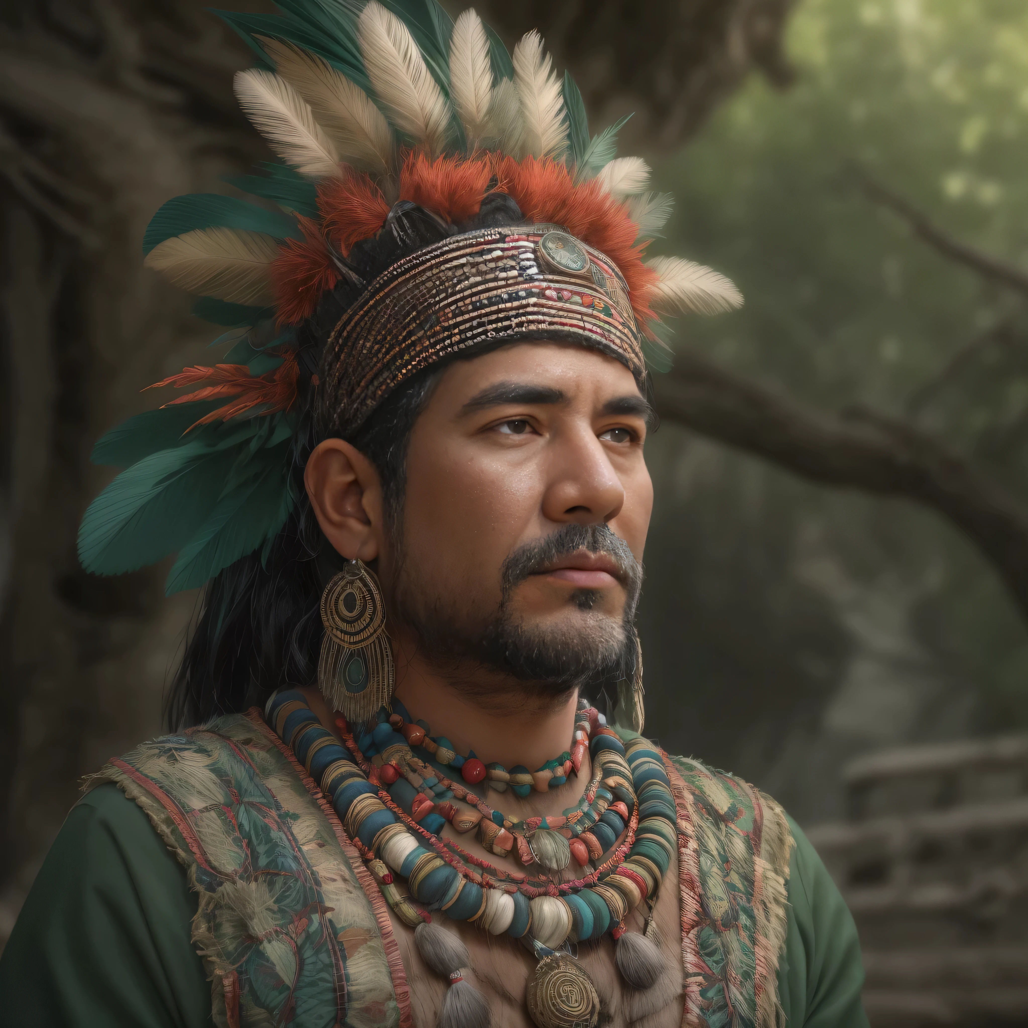 {
"prompt": "Create an ultra-detailed, high-quality image of a 38-year-old man from the ancient Maya civilization. He is dressed in traditional Maya attire, including a richly embroidered tunic, jade jewelry, and a headdress adorned with feathers. The setting is a Maya city with stone pyramids and lush jungle in the background. The man has textured skin, showing the signs of age, and the background features a slight blur to emphasize the detailed character. The image should be a medium shot, showing the upper body of the man with a shallow depth of field to create a visually captivating scene.",
"size": "1024x1792"
}