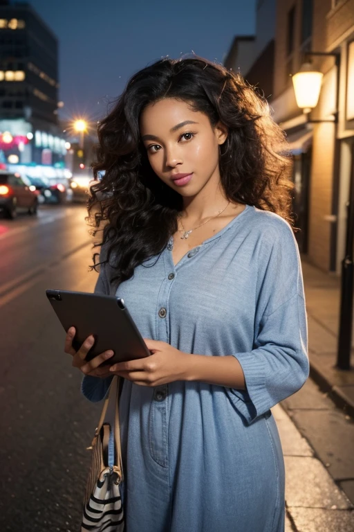 Certainly! I'll create a photorealistic image of a african American woman with long, thick curls, gazing into the camera as she holds her iPad. She'll be dressed like a normal mom, and the backdrop will feature an urban setting bathed in the glow of street lamps. Let's capture that contemplative and happy expression! 📸🌆