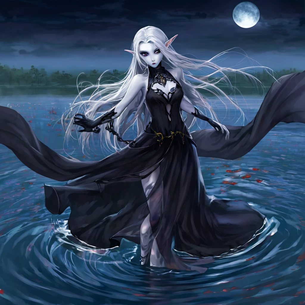 A death elf (female, wispy long hair, pitch black eyes, porcelain white skin, lots of dark veins, sheer dark dress billowing in an evil wind, her feet hover over the ground), moonlit night, she hovers over a lake, zombies shuffle out to serve her