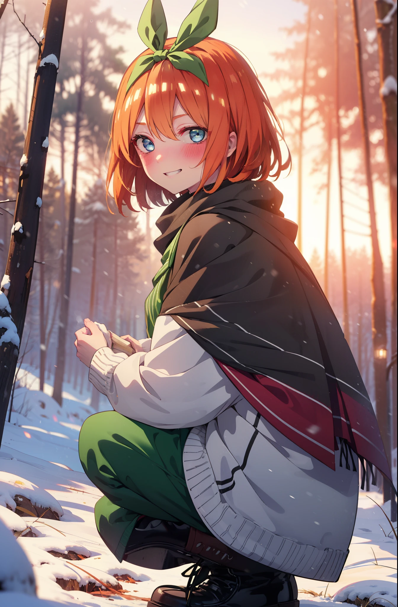 yotsubanakano, yotsuba nakano, bangs, short hair, blue eyes, Hair between the eyes, Hair Ribbon, hair band, Orange Hair, (Green ribbon:1.5), smile, Grin,smile,blush,White Breath,
Open your mouth,snow,Ground bonfire, Outdoor, boots, snowing, From the side, wood, suitcase, Cape, Blurred, Increase your meals, forest, White handbag, nature,  Squat, Mouth closed, フードed Cape, winter, Written boundary depth, Black shoes, red Cape break looking at viewer, Upper Body, whole body, break Outdoor, forest, nature, break (masterpiece:1.2), highest quality, High resolution, unity 8k wallpaper, (shape:0.8), (Beautiful and beautiful eyes:1.6), Highly detailed face, Perfect lighting, Highly detailed CG, (Perfect hands, Perfect Anatomy),