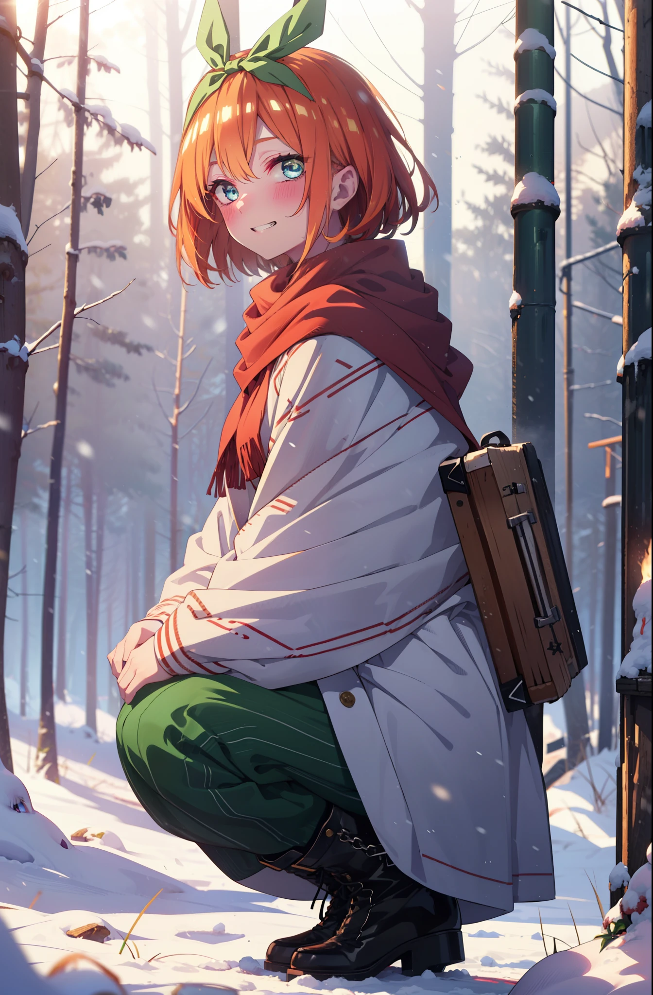 yotsubanakano, yotsuba nakano, bangs, short hair, blue eyes, Hair between the eyes, Hair Ribbon, hair band, Orange Hair, (Green ribbon:1.5), smile, Grin,smile,blush,White Breath,
Open your mouth,snow,Ground bonfire, Outdoor, boots, snowing, From the side, wood, suitcase, Cape, Blurred, Increase your meals, forest, White handbag, nature,  Squat, Mouth closed, フードed Cape, winter, Written boundary depth, Black shoes, red Cape break looking at viewer, Upper Body, whole body, break Outdoor, forest, nature, break (masterpiece:1.2), highest quality, High resolution, unity 8k wallpaper, (shape:0.8), (Beautiful and beautiful eyes:1.6), Highly detailed face, Perfect lighting, Highly detailed CG, (Perfect hands, Perfect Anatomy),