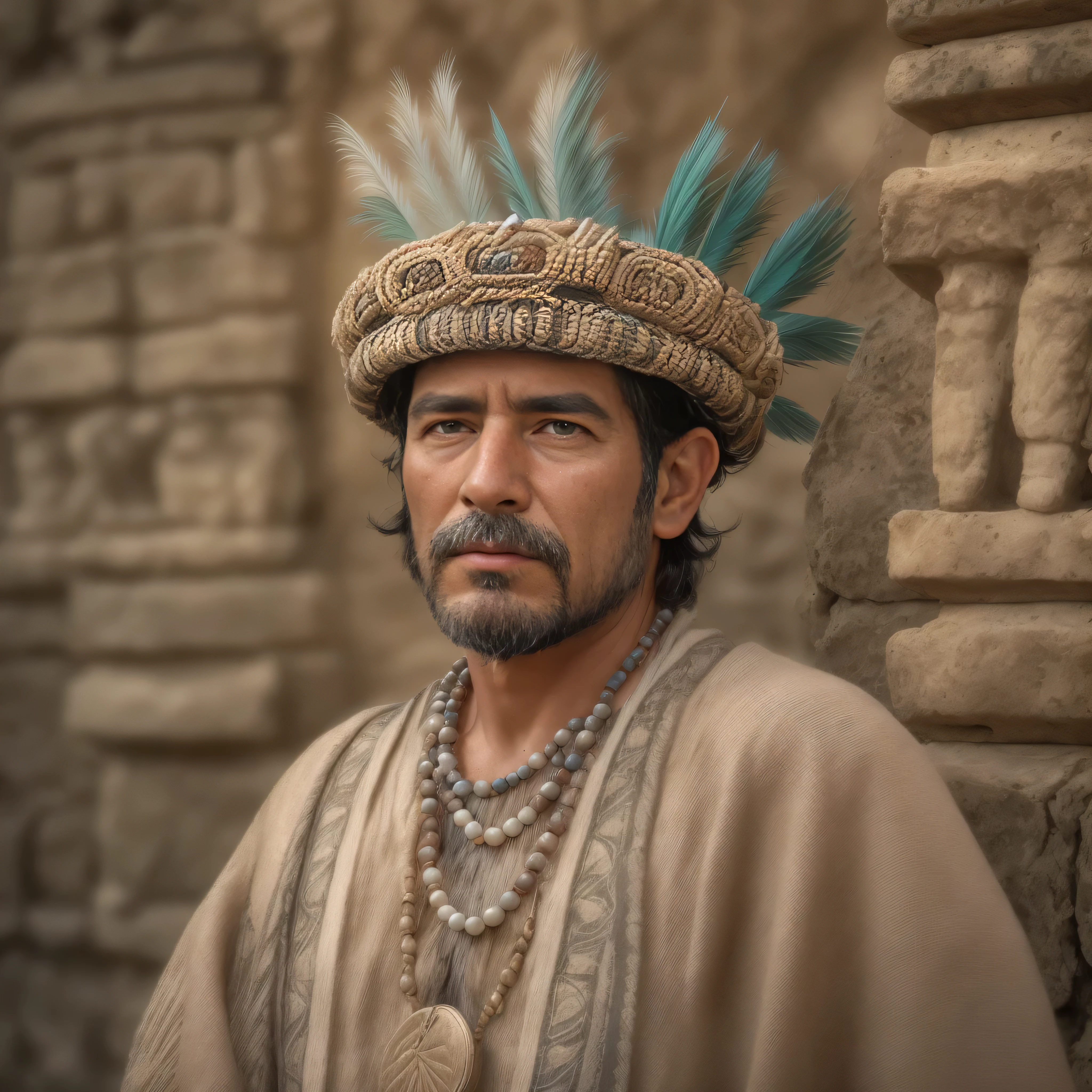 {
"prompt": "Create an ultra-detailed, high-quality image of a 38-year-old man from the ancient Zapotec civilization. He is dressed in traditional Zapotec clothing, including a finely woven tunic with geometric patterns, a feathered headdress, and jade bead jewelry. The setting is the ancient city of Monte Albán, with terraced pyramids and carved stone reliefs in the background. The man's skin is textured, showing signs of age and wisdom, with a background that features a slight blur to emphasize the detailed character. The image should be a medium shot, focusing on the upper body of the man with a shallow depth of field to create a visually captivating portrait.",
"size": "1024x1792"
}