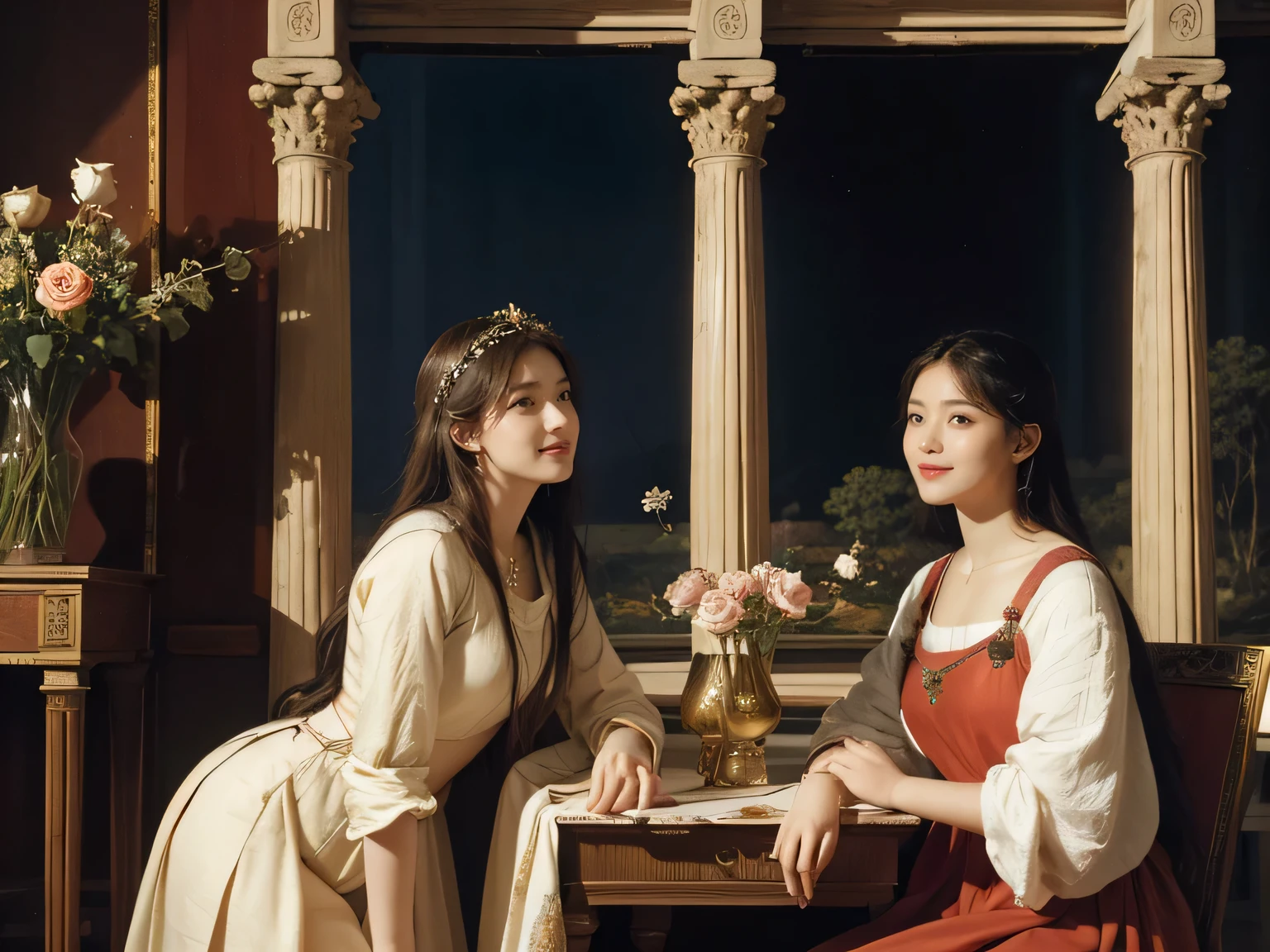 Giorgione painting style,Arguments of two female Philosophe,math、astronomical machine、astronaut、roses in vase、fruits、Cute trinkets、smile、ancient greek costume、Background is a forest lake at night 、Clothes that stretch your shou