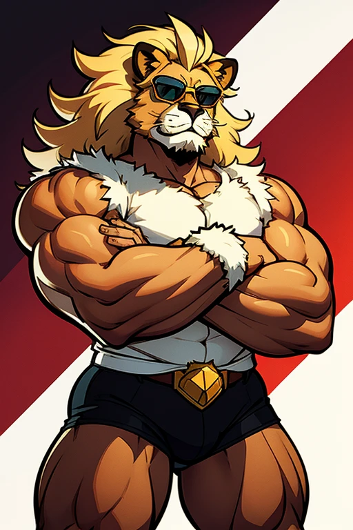 Cartoon lion wearing sunglasses and with folded arms, Vector art inspired by Leo Luppi, Reddit, fur art, Super buff and cool, Macho pose, Half lion, Lion&#39;s body, 2D full body lion, Cute Lion, Mascot illustration, logic肉質!!, King of the Jungle, ( bear wearing sunglasses, logic肉質 character, logic肉質!, Lion Icon, logic, logic肉質!!!