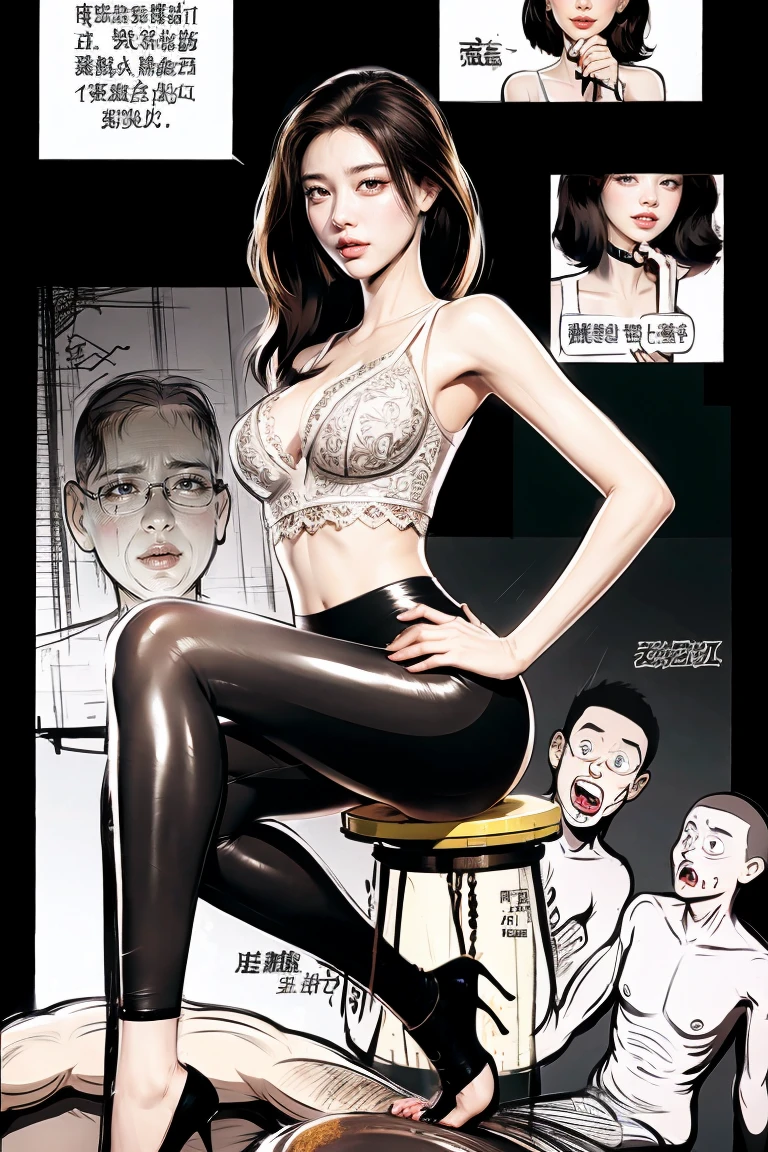 The beautiful girl in lace top and leggings is sitting astride a pile of skeletons in the center of the picture. She is holding a trembling sausage with juice squeezed out in her hand and smiling. There are multiple comic storyboards in the background，cbt, sausage bondage,sausage insertion,Sexy, trampling sausage with high heels heel,(masterpiece, best quality:1.2)，1 beautiful girl,sexy，comic storyboard:2, leggings, sit astride, axially symmetrical:2, ,femdom，sounding，cbt，hold，smile，colorful，leggings，thin gap，cameltoe，insertion，trembling，juice，spray， Long hair,Lace top,Sexy, Shiny leggings, High heel，cleveage, trampling, in forest, saliva , Mucus，