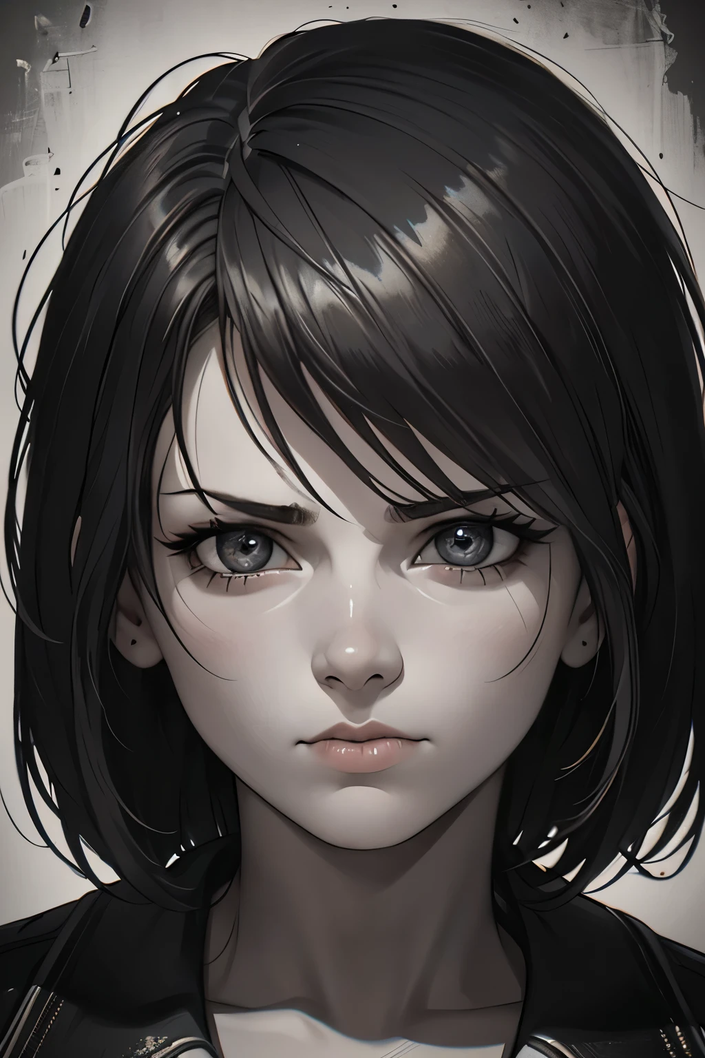 A girl in a mugshot, sketch, black and white, detailed features, cute, vintage style, high contrast lighting, expressive eyes, tousled hair. (best quality, highres, realistic:1.37), vintage, monochrome, intense gaze, dramatic lighting, rugged background, distressed paper texture, retro vibes, id photo, front view