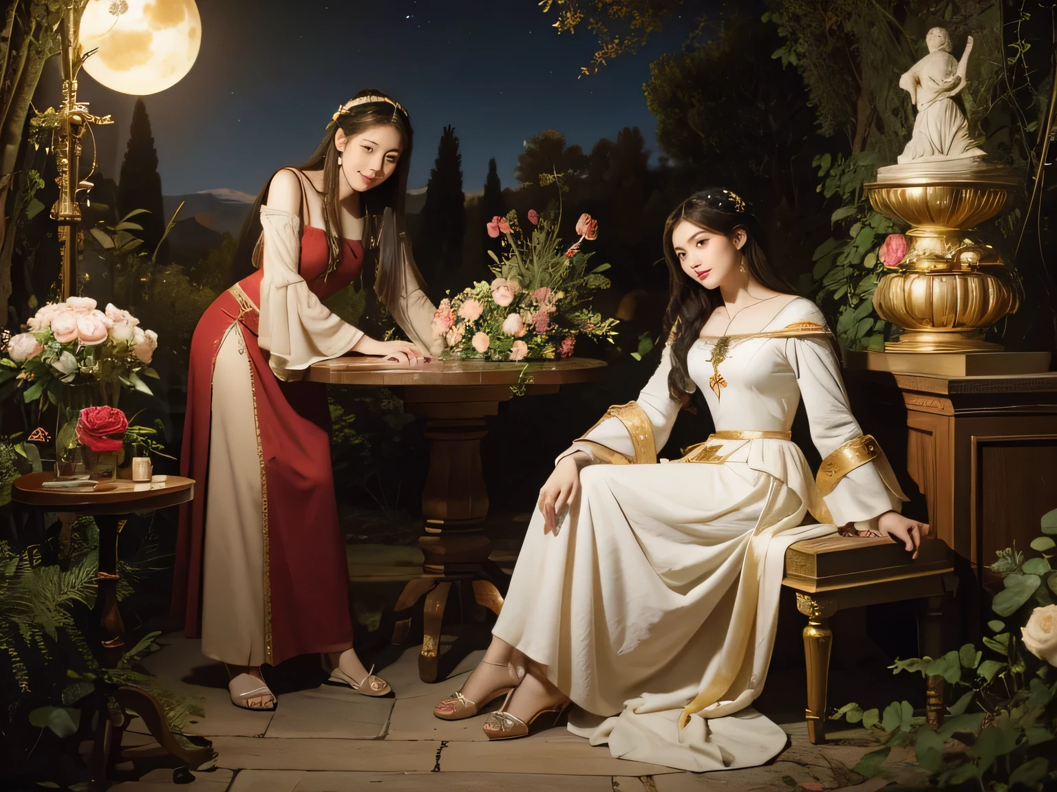 Giorgione painting style,Arguments of two female Philosophe,math、astronomical machine、astronaut、roses in vase、fruits、Cute trinkets、smile、ancient greek costume、Background is a forest lake at night 、Clothes that stretch your shou