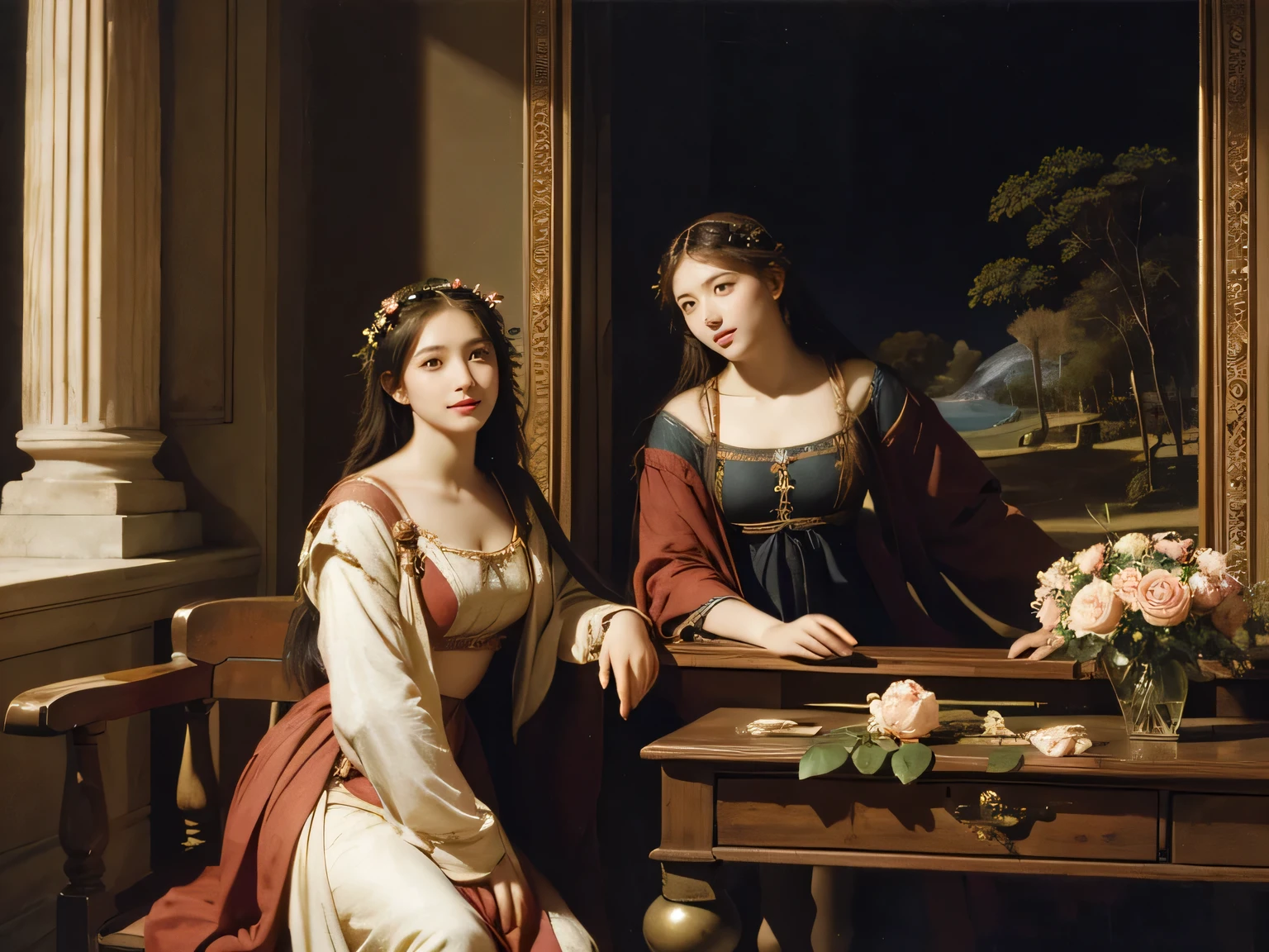 Giorgione painting style,Arguments of two female Philosophe,math、astronomical machine、astronaut、roses in vase、fruits、Cute trinkets、smile、ancient greek costume、Background is a forest lake at night 、Clothes that stretch your shou