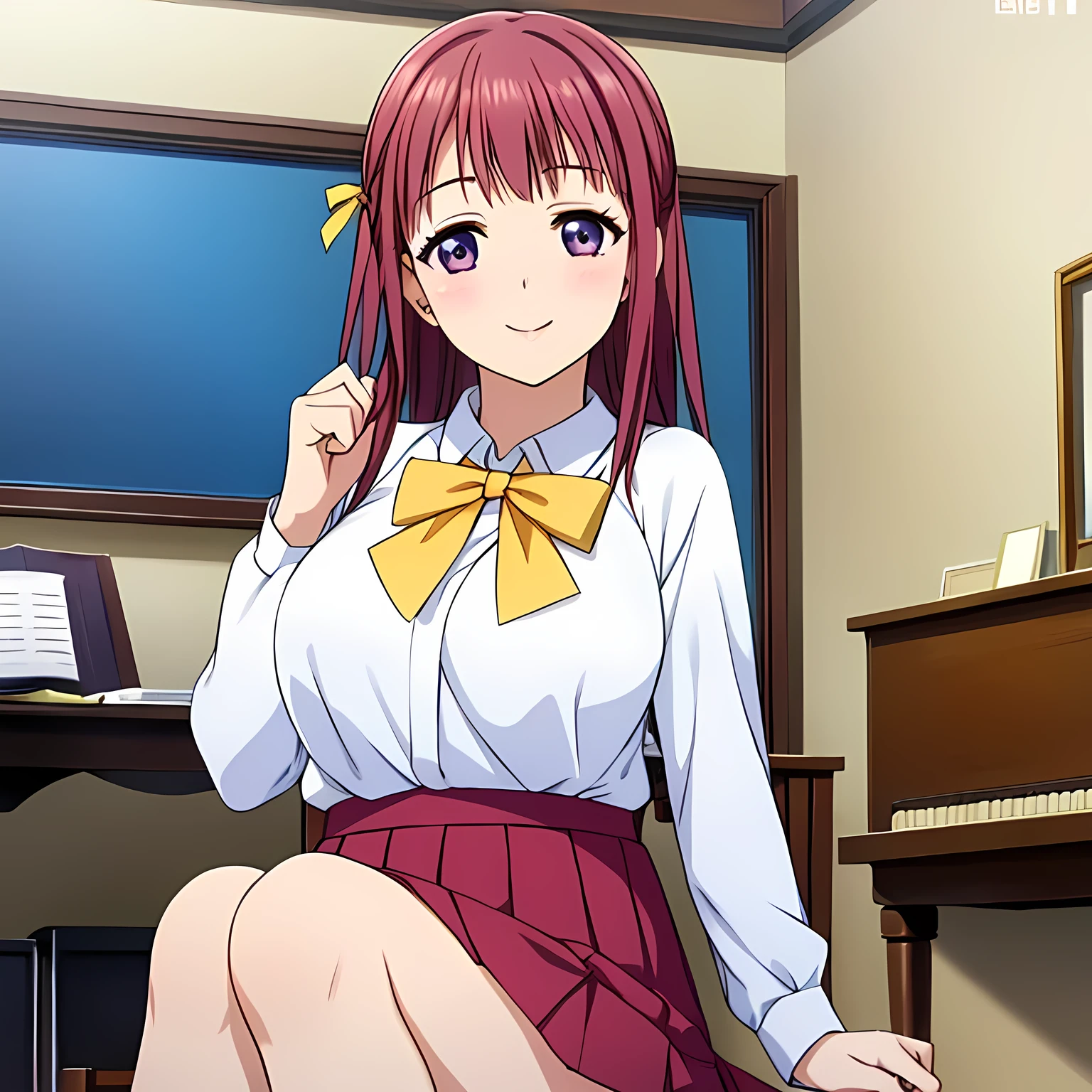 (highest quality, masterpiece:1.2), highest quality, High resolution, 1080p, 8K, CG of the heroine of a beautiful girl game, Height: 158cm, １４A year-old Japanese fashion model is sitting in a music room and smiling with a cute and elegant smile, A face as elegant as a princess, Glossy lips, Even bangs, Double, Long eyelashes, Feeling embarrassed, The very large and thick yellow ribbon bowtie is very cute., Beautiful, shiny red long hair, A neat red pleated skirt that reaches down to the knees, Pink sailor suit, A light pink neat blouse, Ribbon in hair, School music room with piano, Thick calves, Tight waist