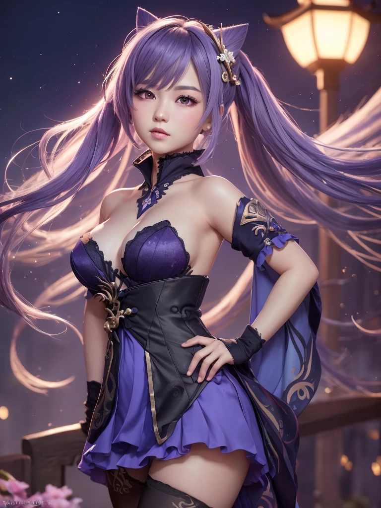 ((Genshin Impact)), ((Keqing)), ((Focus on the hips)), (black stockings wit lace top:1.2), traditional beauty, gorgeous chinese model, draped in purple and blue silk, with beautiful exoticism, purple hair, violet eyes, cat ears on top of head, By bicycle, soft fluffy soft landscape forest snowy avatar pastel pink sky green blue glitter ethereal light pastel pastel whimsical light rainbow stars diamonds sparkling gem background hyper realistic Ultra quality cinematic lighting Huge detail Full HD painting Well lit, from on the side, Masterpiece, Best Quality, Real Skin,(Portrait:1.5), 1girl, Long hair