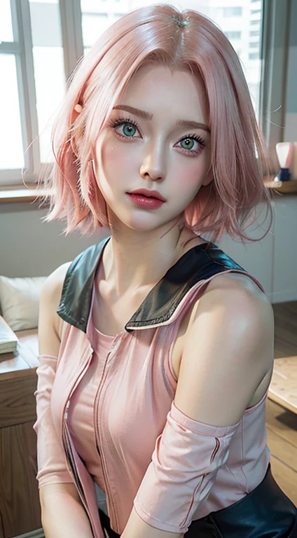 young woman, short shoulder-length pink hair, wide forehead, porcelain skin, pink eyebrows, big emerald green eyes, buttoned nose, full lips, heart-shaped face, slender body, small breasts, red tank top, Sakura Haruno , realistic, realism, details, 3d, well detailed

