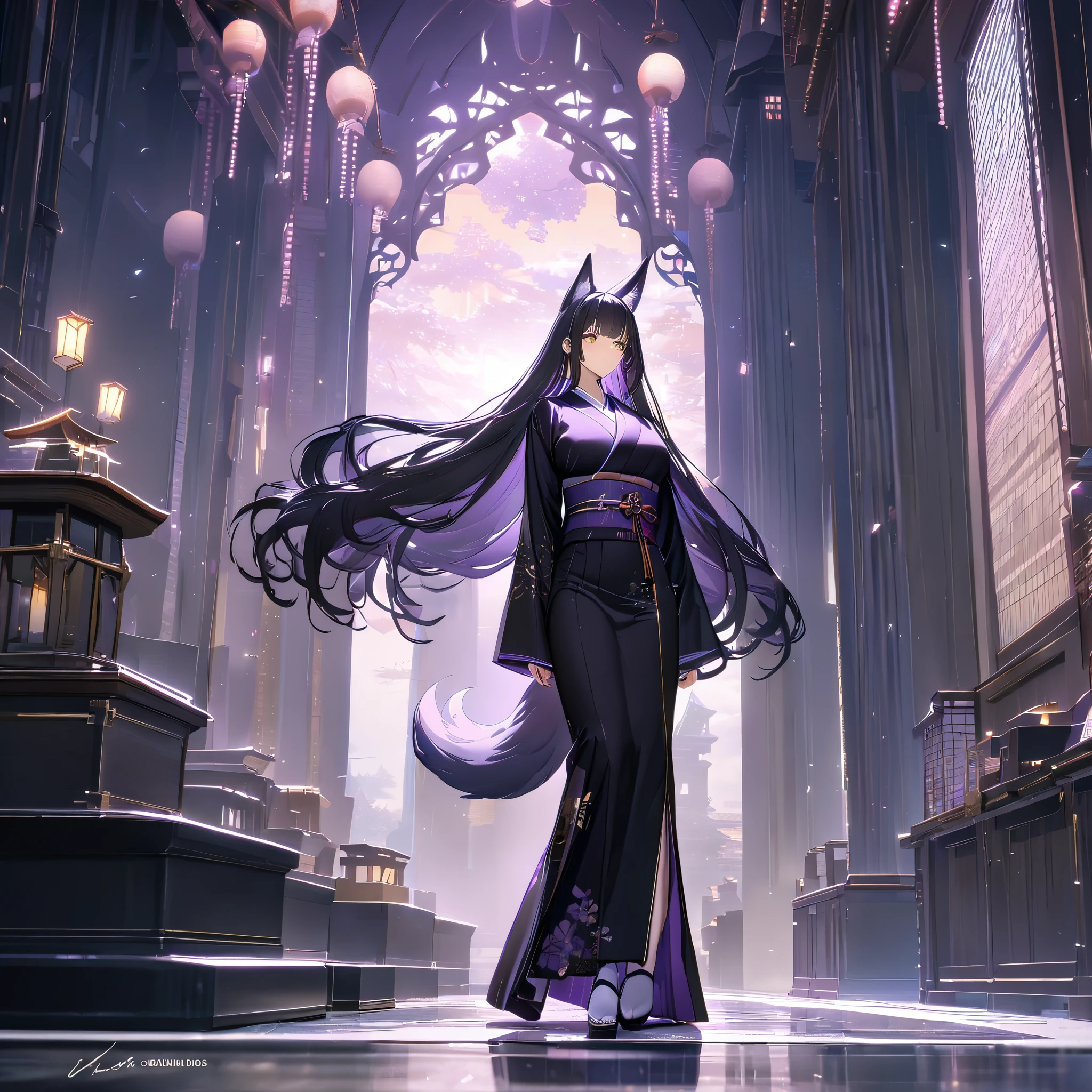 a woman wearing traditional long sleeve kimono, black kimono with purple details, large chest, black fur cape, dark purple hair, long hair, kitsune ear, kitsune tail, multi tail, yellow eyes, walking in a large castle traditional Japanese, overlooking the towers, a place with plenty of traditional Japanese decoration,, UHD, masterpiece, precise, anatomically correct, textured skin , super details, high quality, best quality, 8k, high resolution, bokeh effect. (woman alone)
