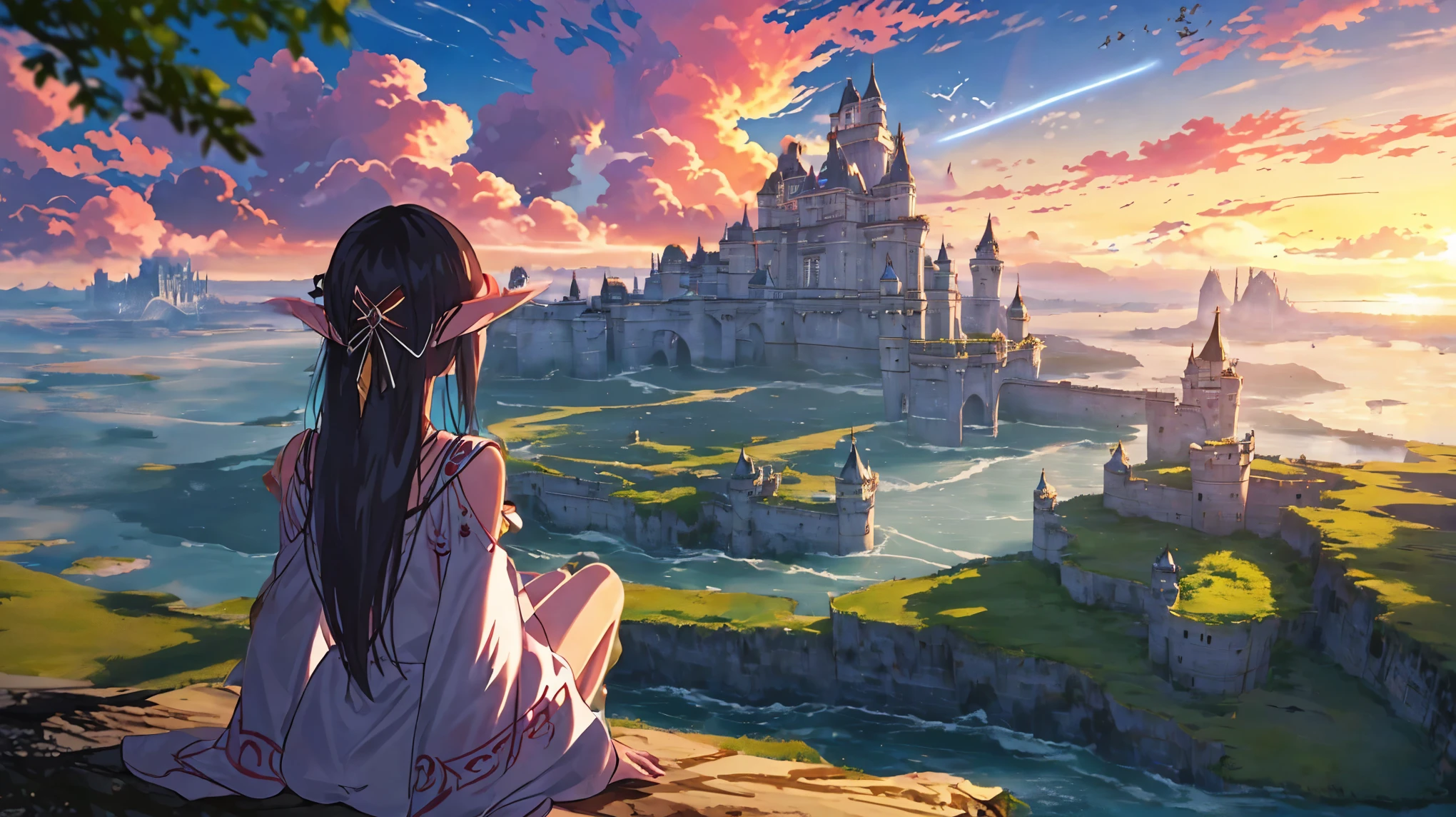 (((floating Castle on the floating in the sky, Floating in the air))), ultra-detailed, detail background, a beautiful sunset sky