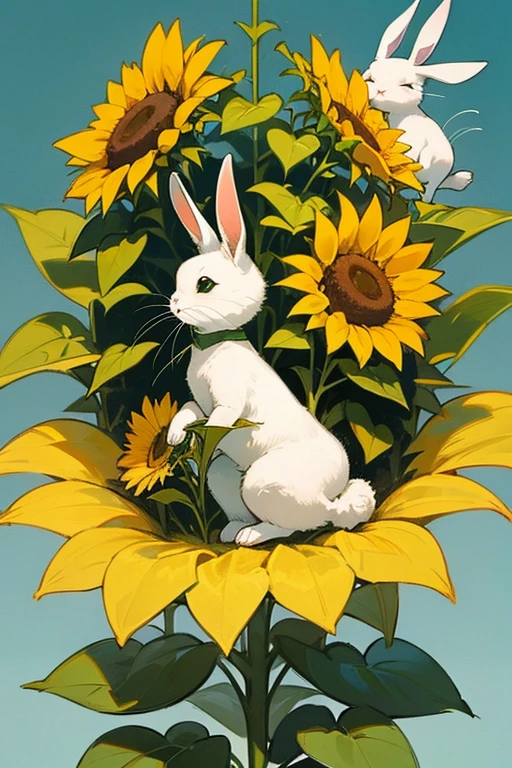 （Green wilderness as background），（Aesthetic style），（There is a big sunflower），（A cute white rabbit holding small flowers under a sunflower），（Rabbit&#39;s eyes are firm），（The sun shines bright golden light）,（The painting style is exquisite）