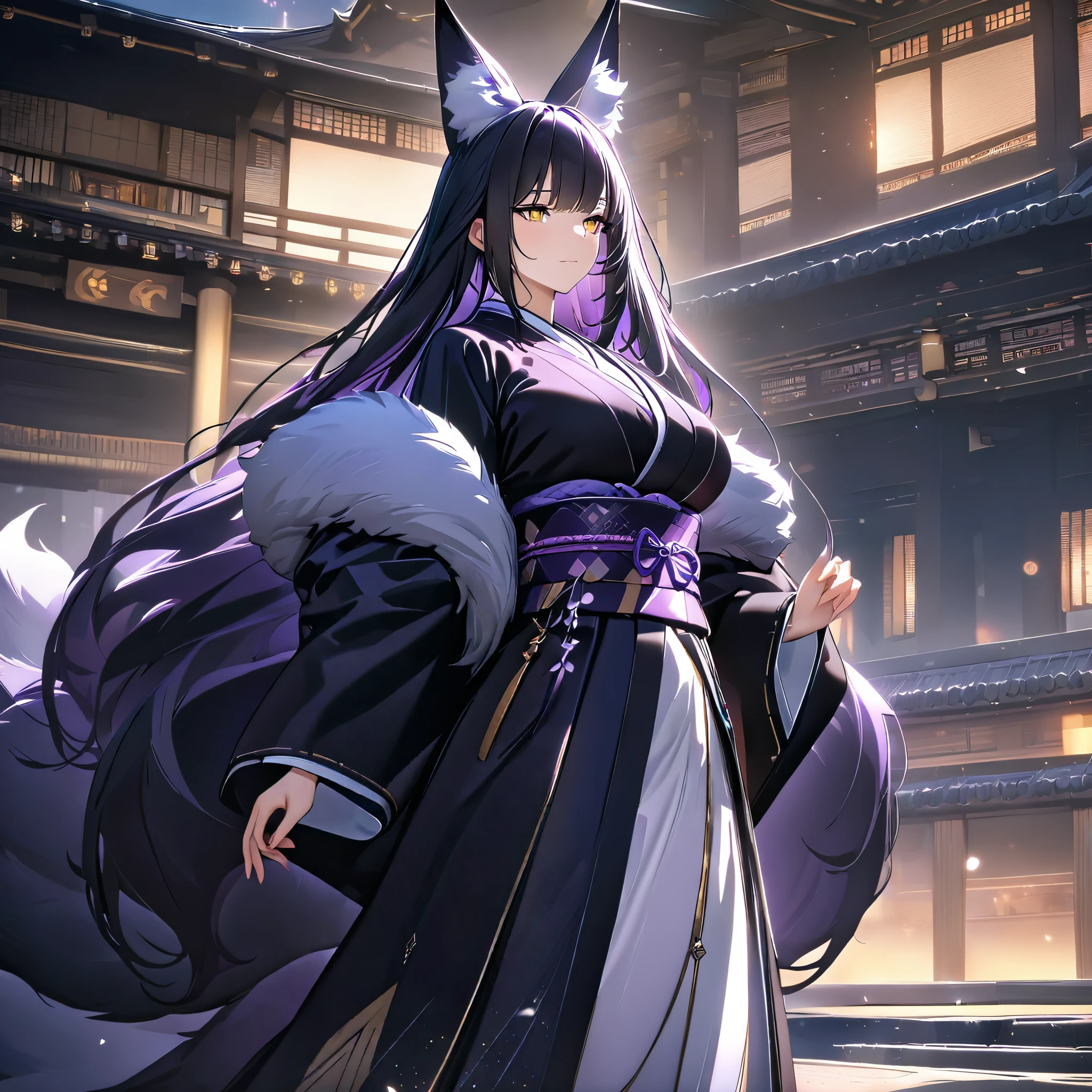 a woman wearing traditional long sleeve kimono, black kimono with purple details, large chest, black fur cape, dark purple hair, long hair, kitsune ear, kitsune tail, multi tail, yellow eyes, walking in a large castle traditional Japanese, overlooking the towers, a place with plenty of traditional Japanese decoration,, UHD, masterpiece, precise, anatomically correct, textured skin , super details, high quality, best quality, 8k, high resolution, bokeh effect. (woman alone)
