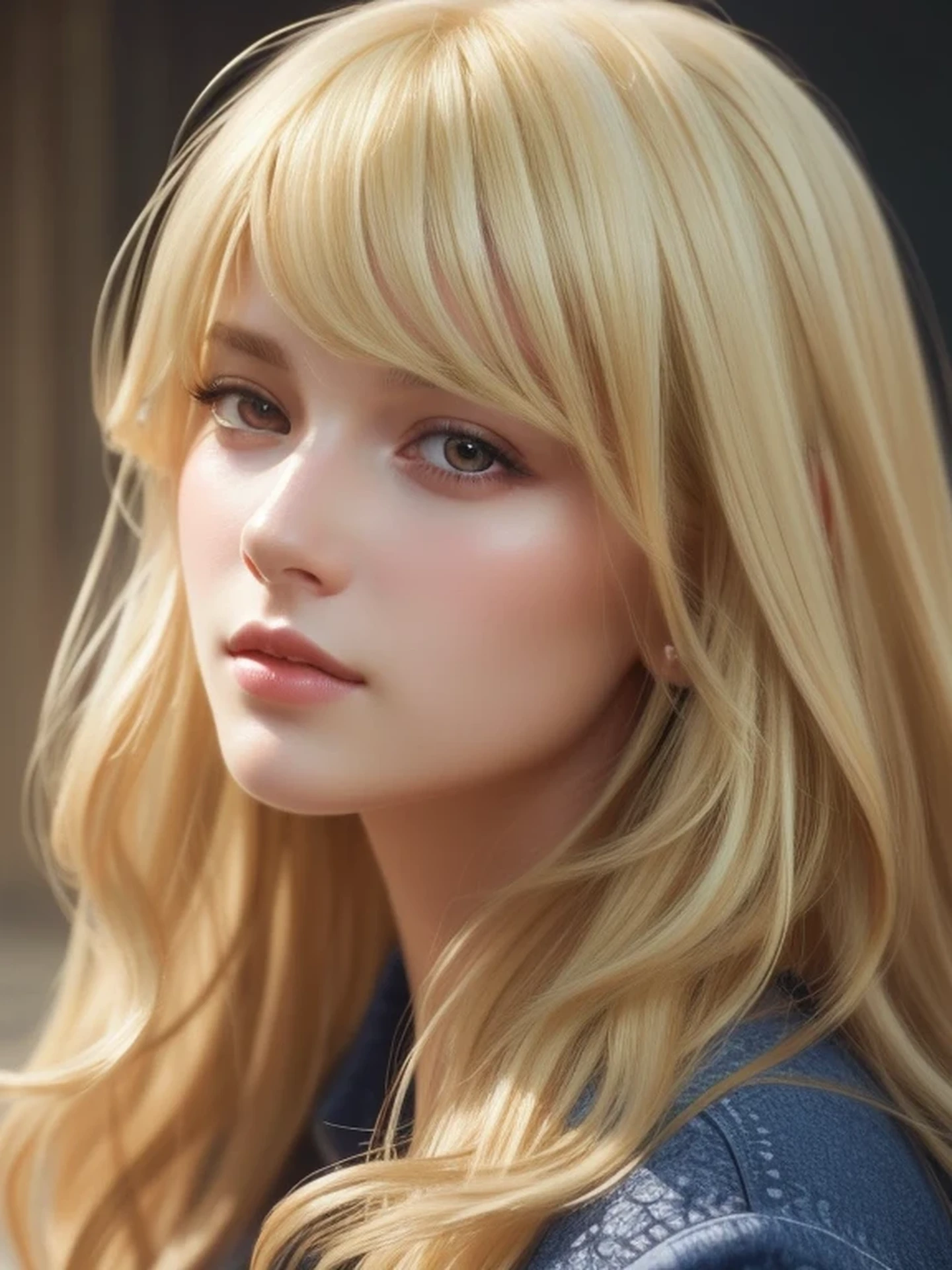 Close-up head, To the camera, Realistic digital painting of a woman portrait, Serious face, (Wavy Hair:1.1), bangs, (Blonde Hair:1.3), (Highly detailed skin:1.2), Mystical style, Global Illumination,